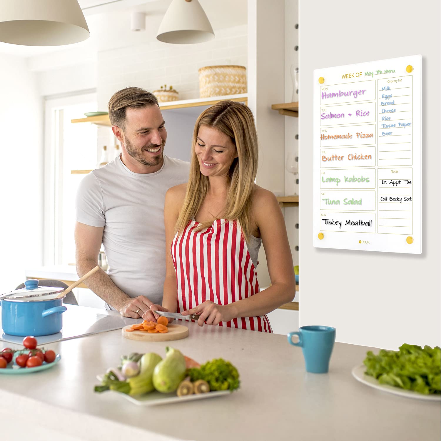 Calendario semanal dorado de cristal y menú, pizarra blanca de borrado en seco para pared, planificación de comidas y lista de compras de comestibles para cocina, 15 x 11 pulgadas, bloc de notas
