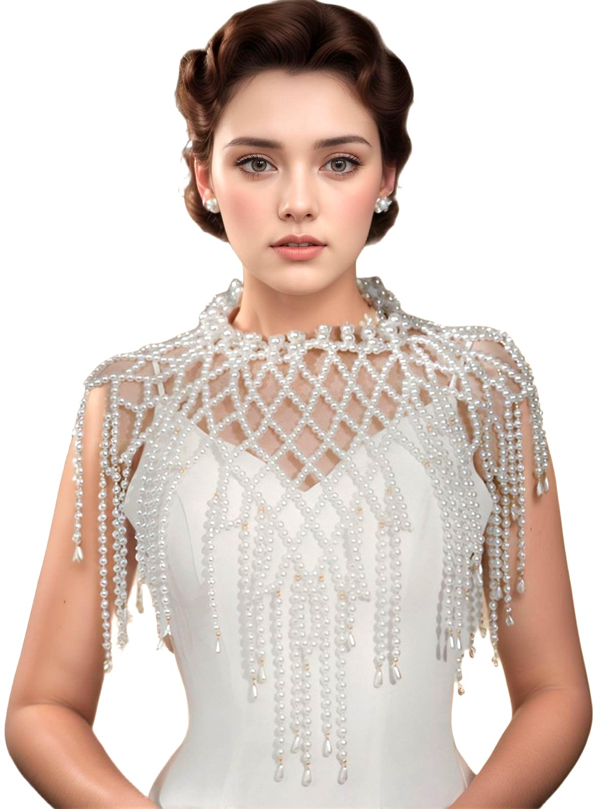 Unykaflor Vintage Pearl Cape,Women Beaded Shawl Pearl Capelet for Bridal Wedding Steampunk Costume — image 1