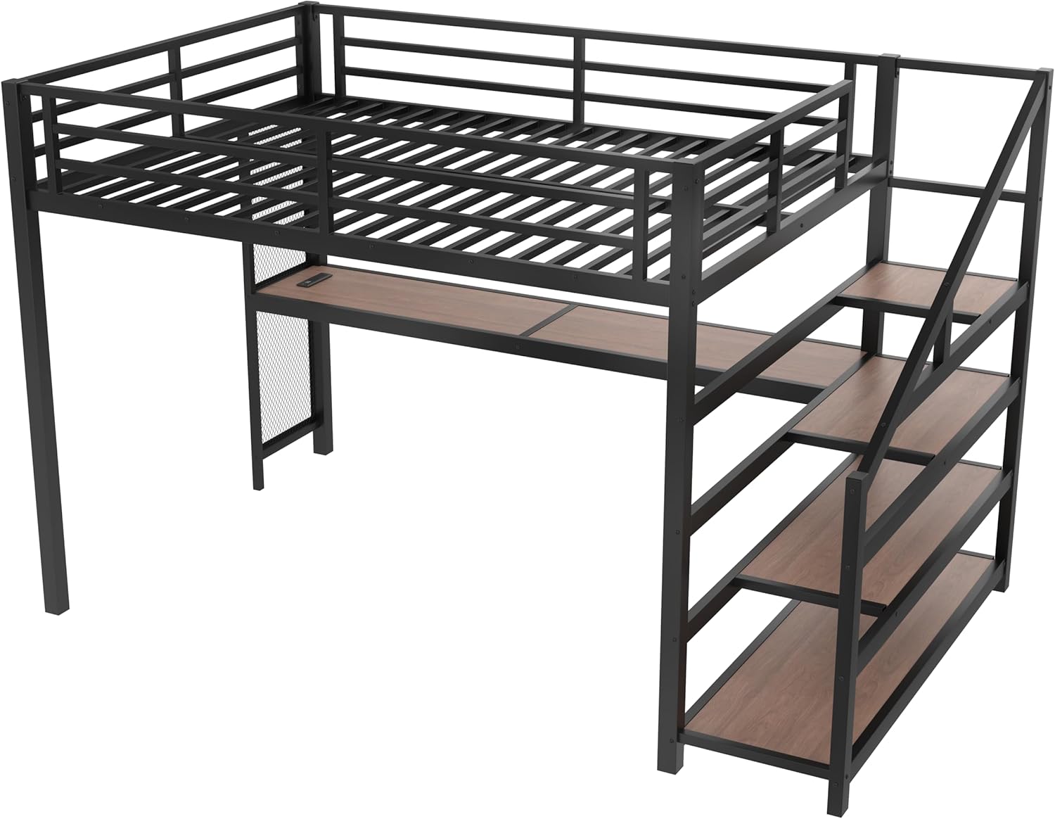 Queen Size Loft Bed with Desk & Stairs, Metal Gaming Loft Bed with LED Lights and USB Ports, Industry Style Bed Frame with LED and Charging Station, No Noise, Black