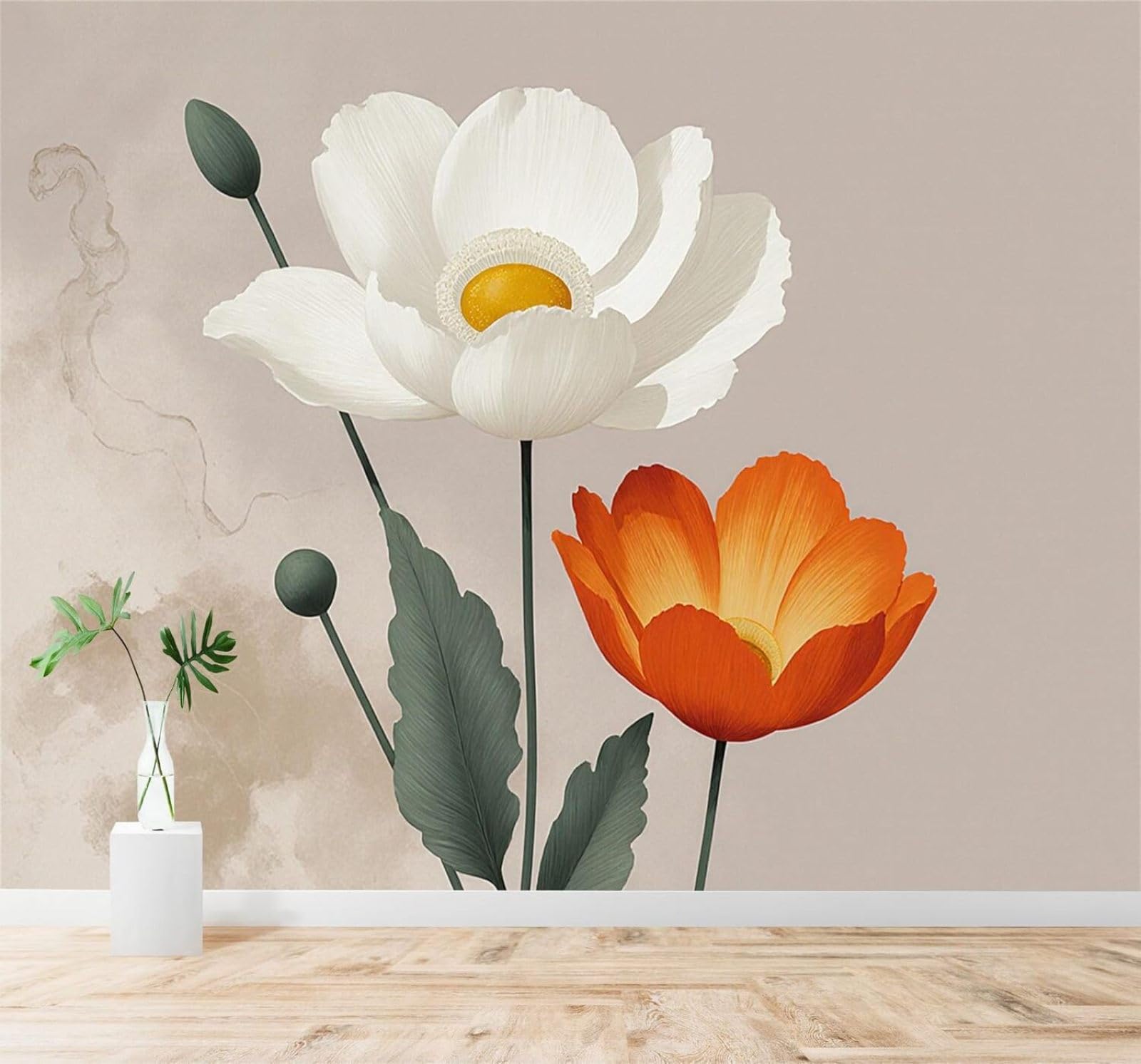 XLMING White Orange Flowers Green Leaves Beige Background 3D Wallpaper Silky Texture Home Study Office Grey Dining Room Sofa Bedroom Living Room TV Backdrop-400cm×280cm