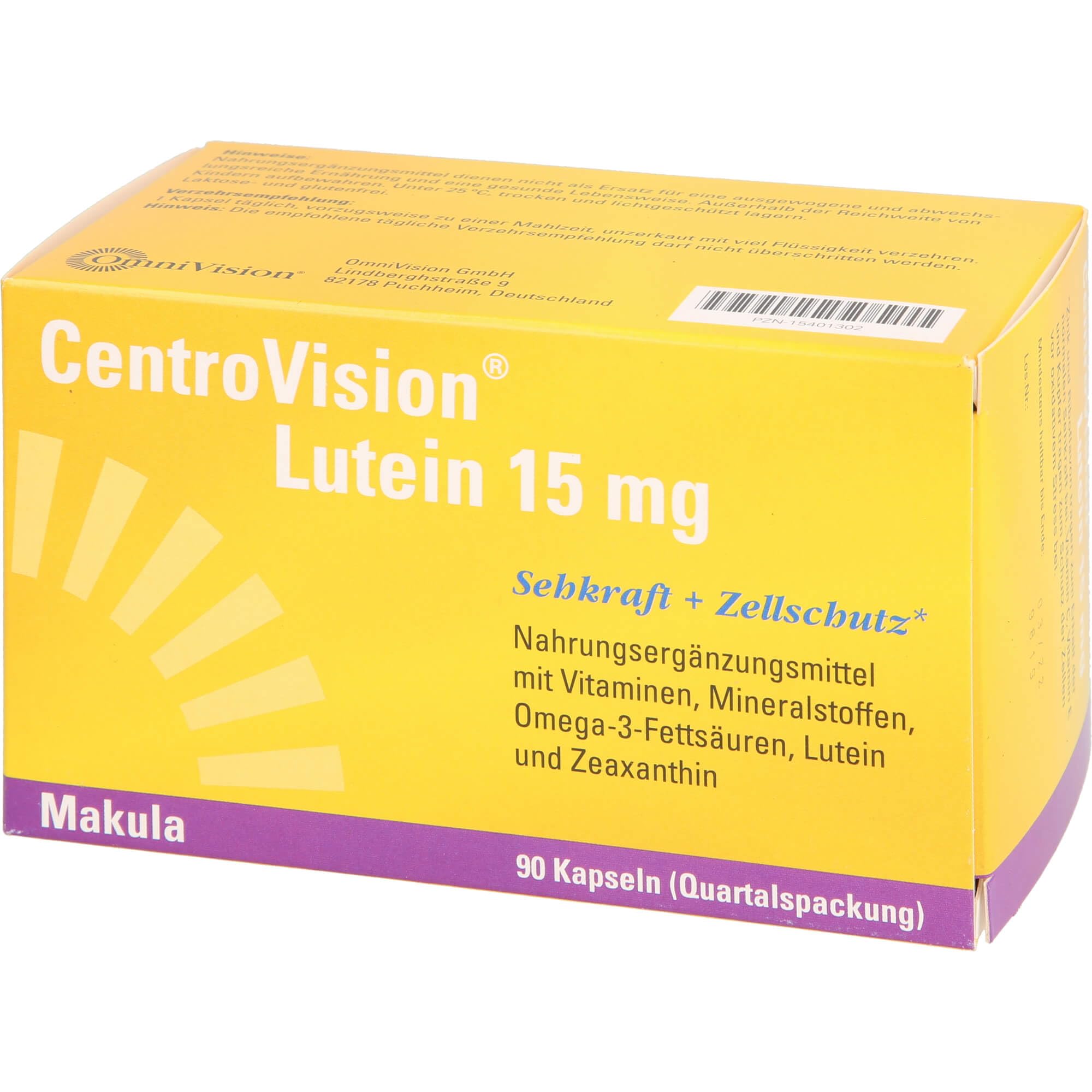 CentroVision Lutein 15 mg – Zur Erhaltung der normalen Sehkraft, Nahrungsergänzungsmittel mit Vitamin C, Vitamin E, Vitamin B2, Zink, Kupfer, Omega-3-Fettsäuren, Lutein und Zeaxanthin, 90 St.