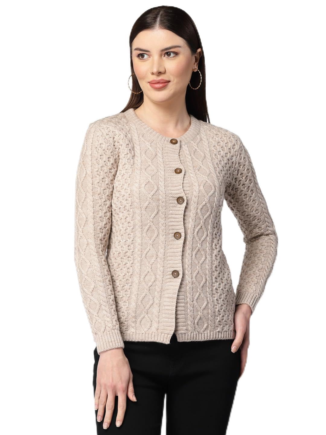 Kalt Women Sweater for Winters Woolen Acrylic Full Sleeve Round Neck Cable Design Cardigan Sweater for Women Winter Woollen Stylish