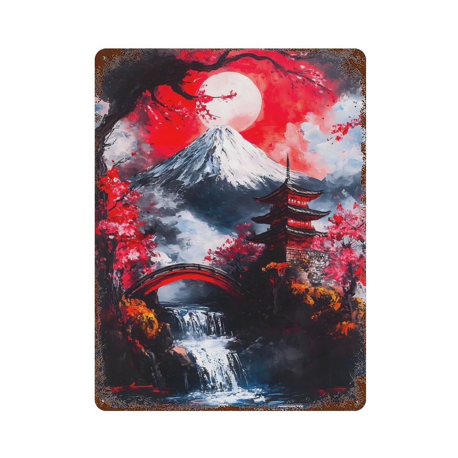 Mount Fuji Landscape Vintage Wall Sign 15.7"x11.8", Rust Effect Metal Decor for Living Room, Hallway And Home Decor