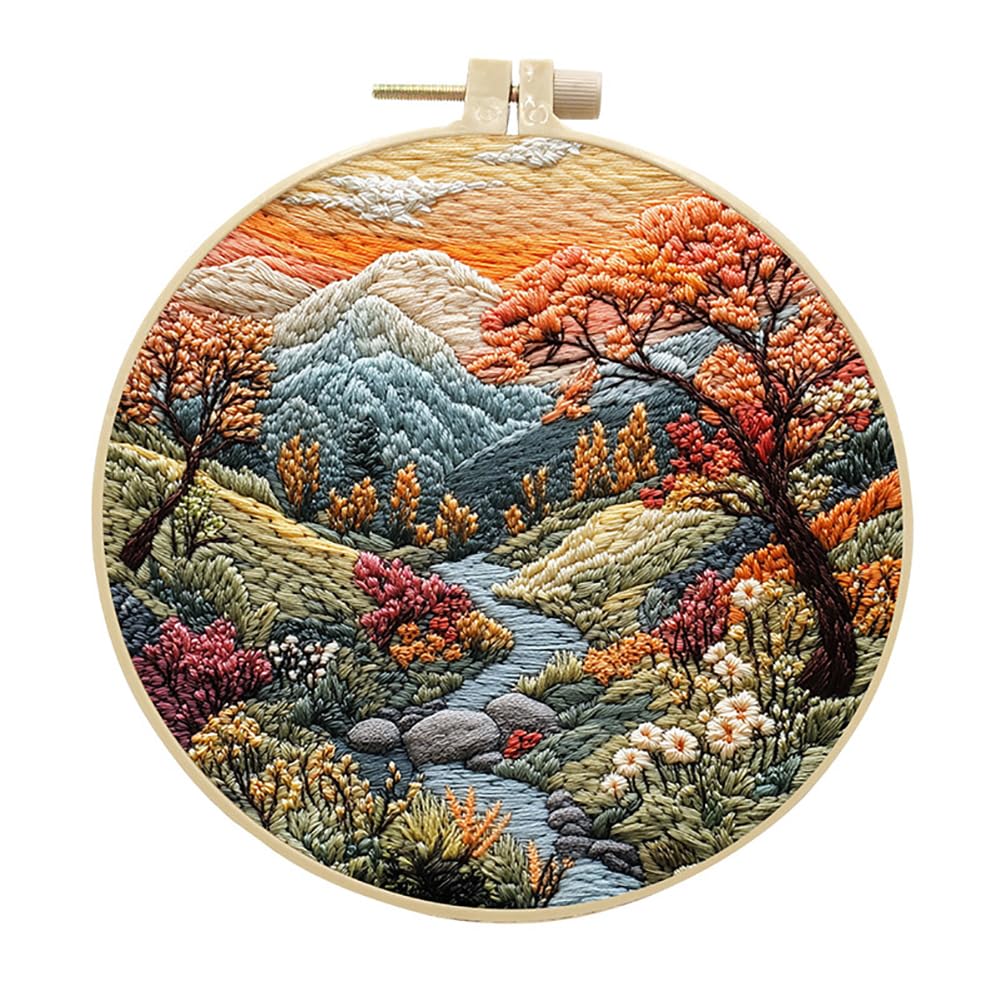 Eforcase Embroidery Starter Kit for Adult Beginner with Landscape Tree Mountain River Floral Nature Scenery Pattern Cross Stitch Hand Embroidery Set DIY Cross Stitch Kits with Hoops Needles Threads