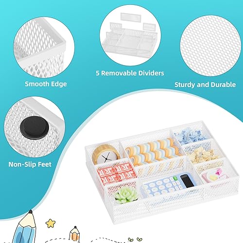 Miniatura 6 de Marbrasse Paquete de 2 organizadores de cajones de escritorio, bandeja organizadora de cajones de malla con 8 compartimentos ajustables,