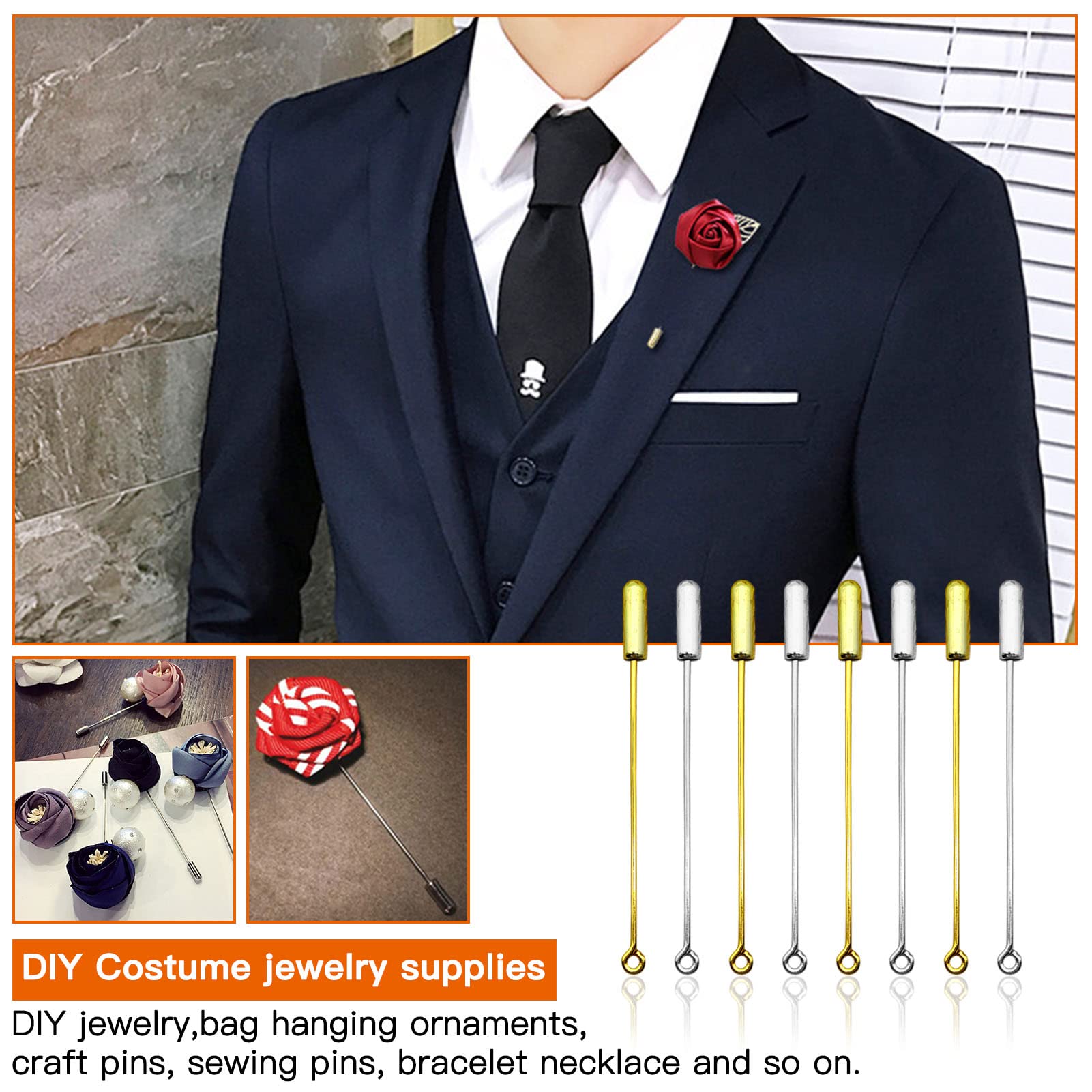60 broches de seguridad para la fabricación de joyas, broche de metal con extremos de tope para disfraz de bricolaje, alfiler de corbata, accesorios para hacer joyas (oro, plata)
