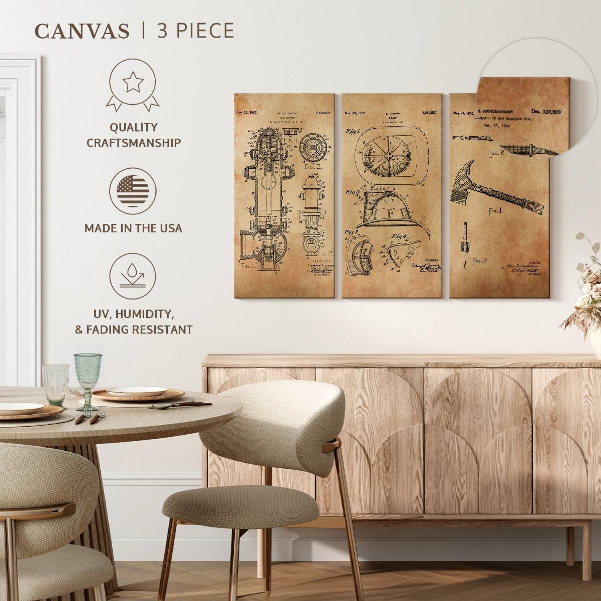 ElephantStock Firefighter Equipment Patents Wall Art, 3-Piece Industrial Decor, Ready-to-Hang Blueprint Wall Art, Industrial Wall Decor and Professions Patent Prints Wall Art for Men - 38" X 24"