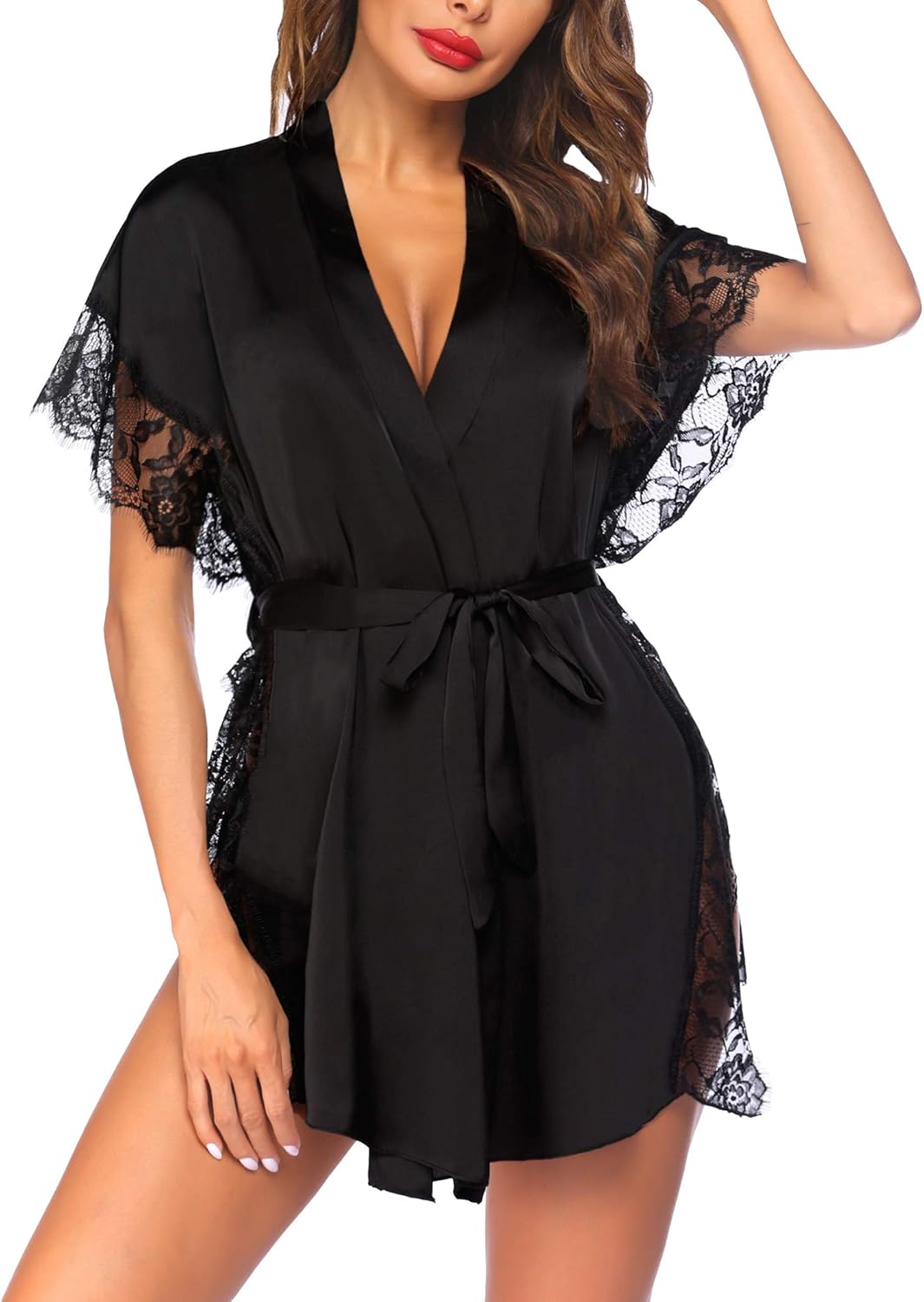 Avidlove Women Lingerie Robe Satin Sleepwear Eyelash Lace Kimono Side Split Sexy Silk Robes at