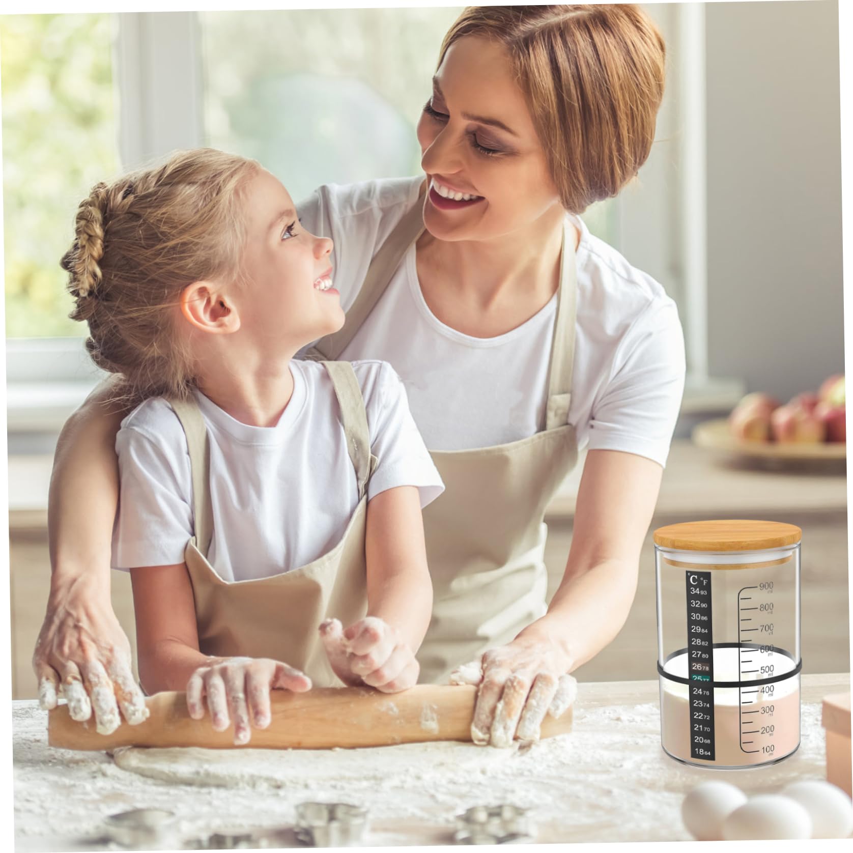 Kit iniziale per lievito naturale, barattolo iniziale per lievito naturale in vetro da 900 ml, contenitore a bocca larga, barattolo in vetro riutilizzabile con coperchio, termometro, raschietto
