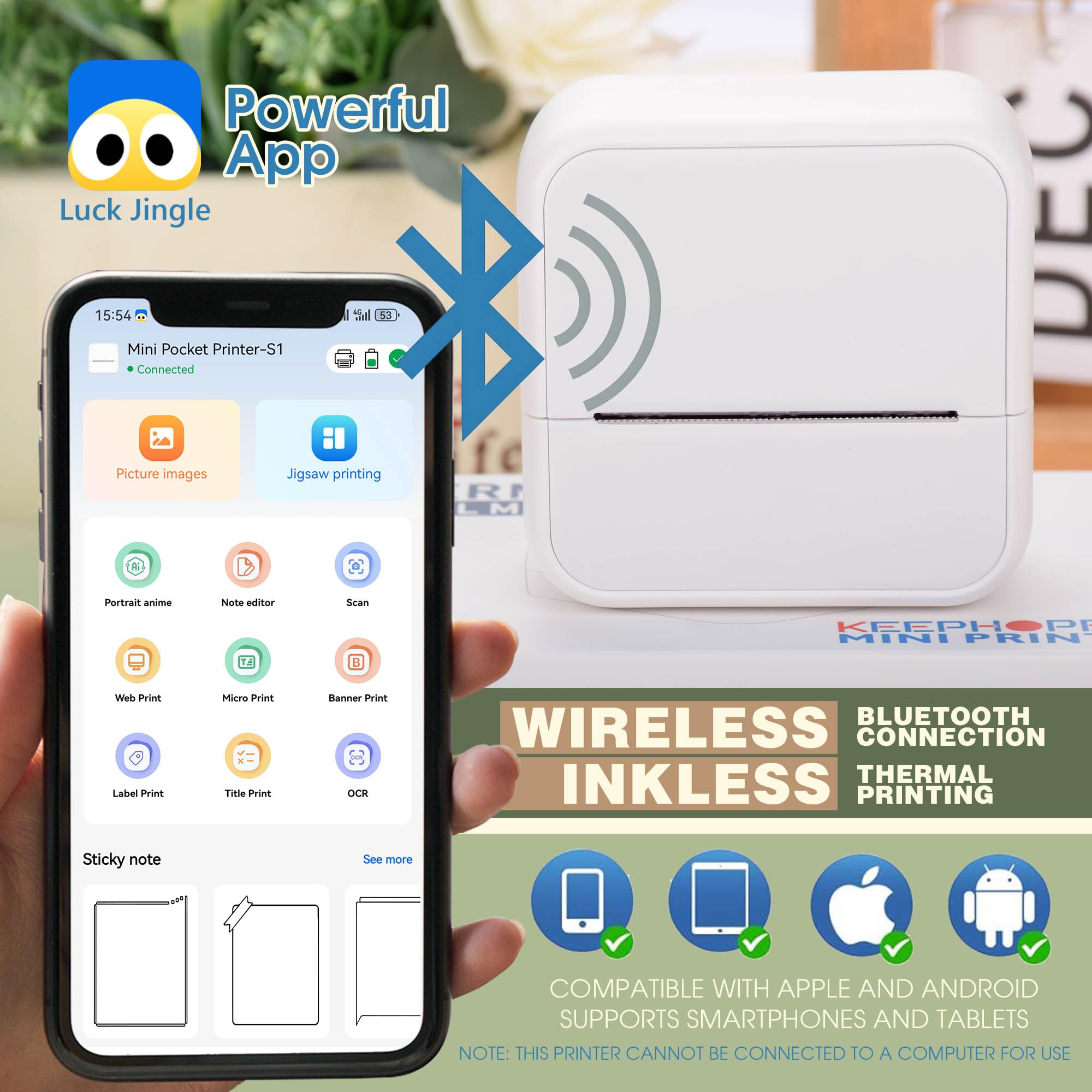 KEEPHOPE Etichettatrice con 6 nastri, etichettatrice termica, mini stampante Bluetooth portatile con nastro trasparente per casa, cucina, scuola, bianco