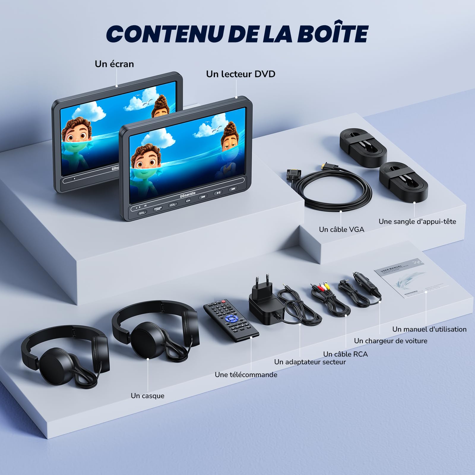 GOnavidio 10,1" Lecteur DVD Voiture 2 Ecrans pour Enfant avec 2 Casques, Région Libre,ecrans Voiture Enfant de 5 Heures pour Voyage,Prise en Charge USB/SD(Un Lecteur et Un Moniteur)