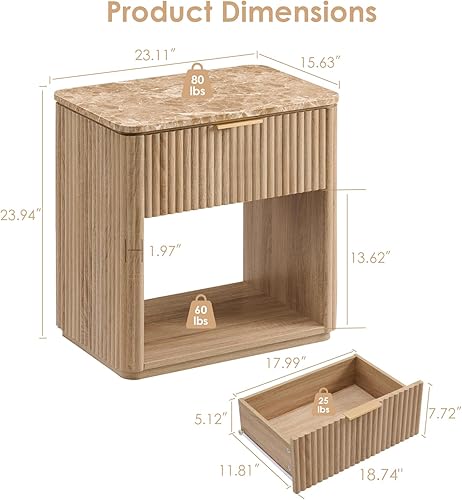 Miniatura 3 de Juego de 2 mesitas de noche acanaladas, mesita de noche con parte superior de mármol sintético, mesa auxiliar de madera de ingeniería con estante