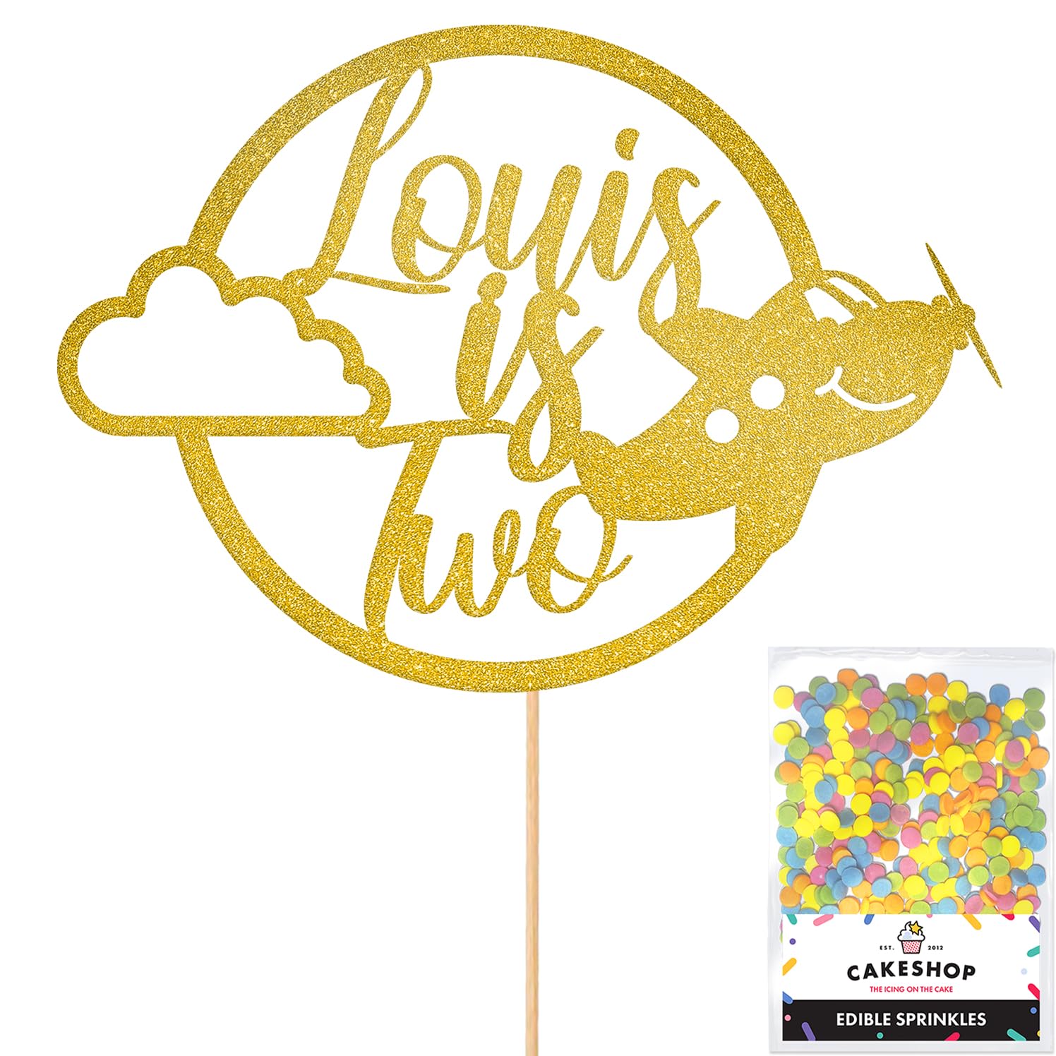 Personalised Plane Aeroplane Glitter Cake Topper- Gold Any Custom Age & Name Glitter Cake Decoration and Sprinkles - Happy Birthday Decorations - Personalised Toppers for Cakes by Cakeshop
