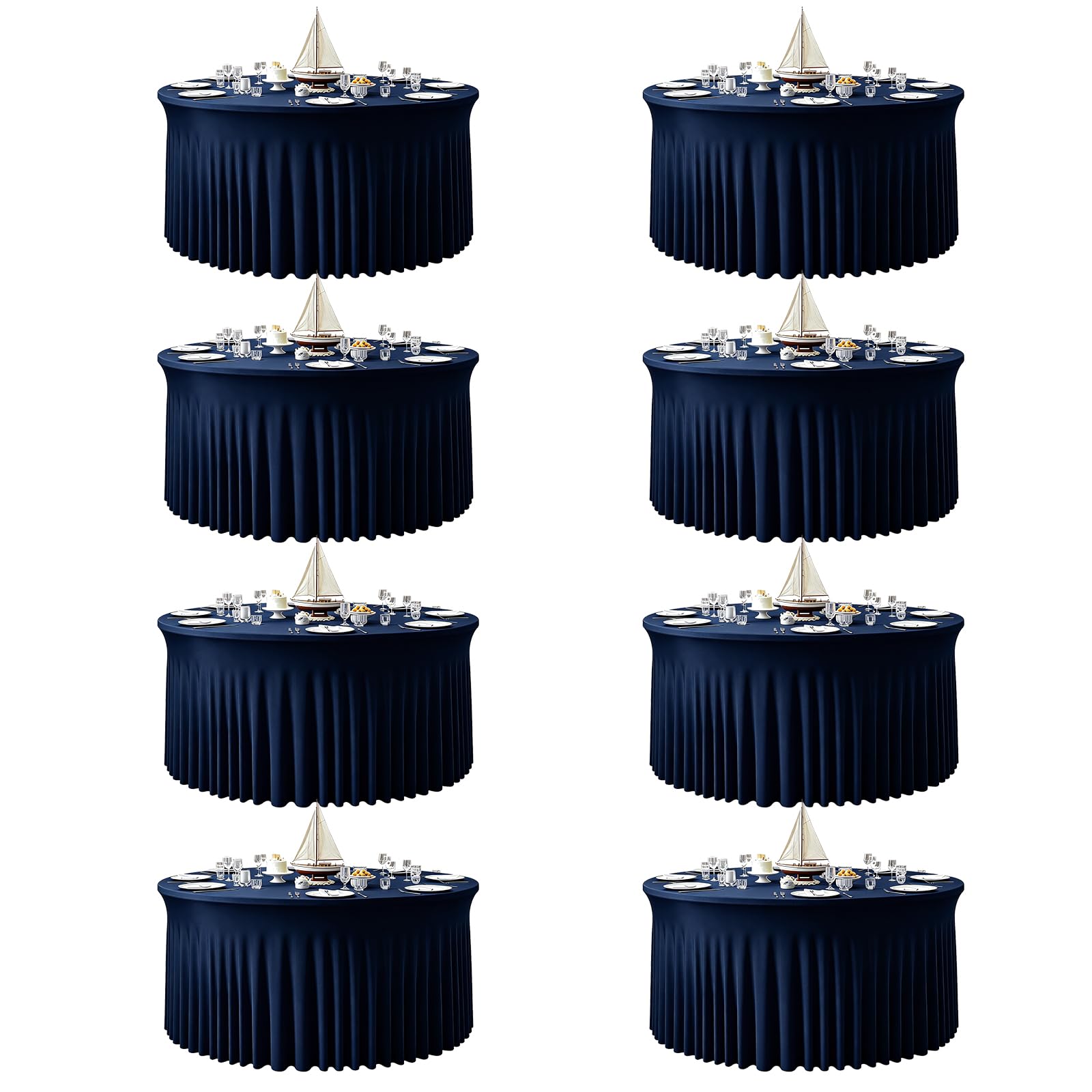 Photo 1 of 8 Pack Navy Blue Table Cloth for 5FT Round Tables, Fitted Spandex 120 inch Round Tablecloth, Wrinkle Free Table Skirt for Receptions Birthday Photography Social Events Engagement Party Decorations