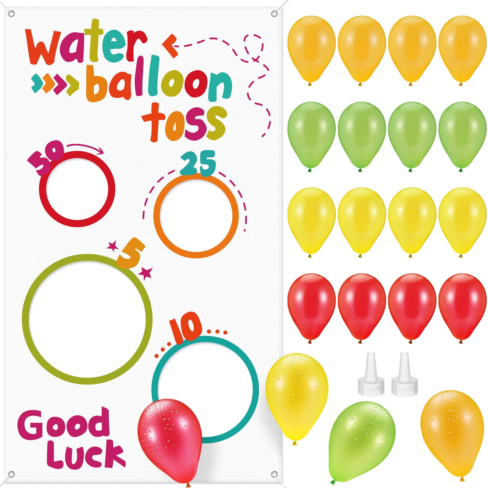 Mindsoft Water Toss Balloon Activity Set Include Toss Activity Banner, 50 Balloons, 2 Hose Nozzle Outdoor Shooter Target 4 Score Holes Water Ball