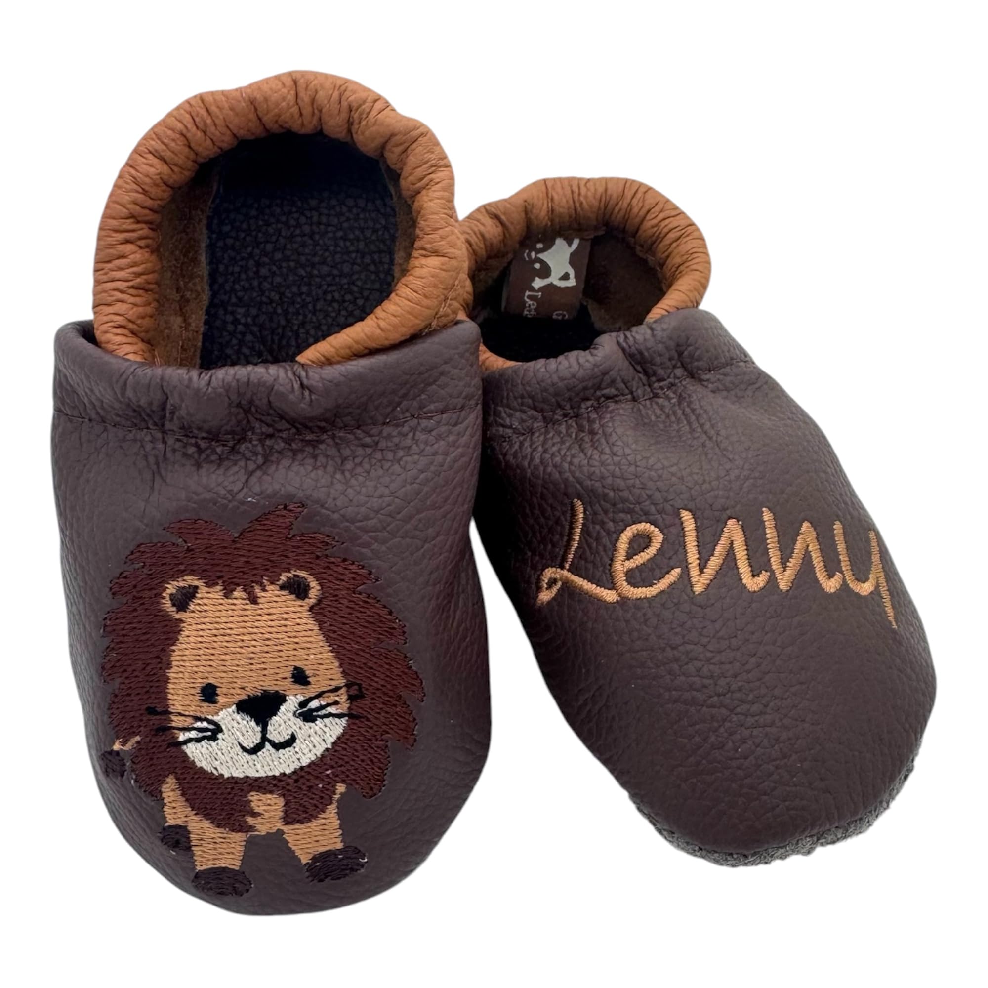 Generisch Personalisierte Lederpuschen mit Löwe & Name | Dunkelbraun/braun
