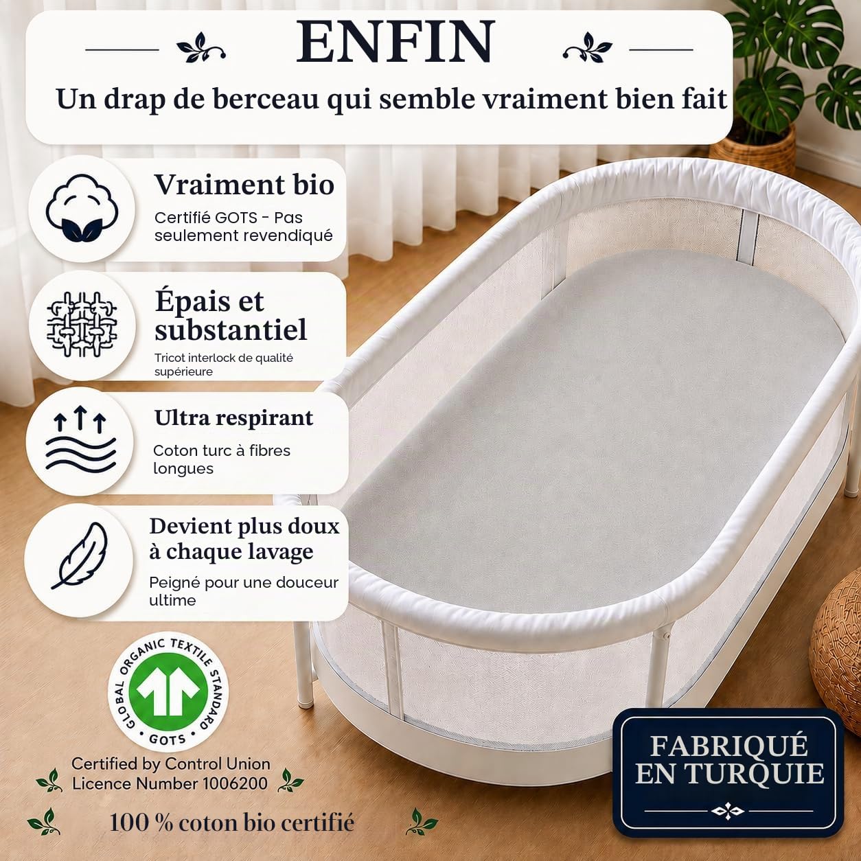 Drap Housse Couffin 28x74 / 30x70 Cm pour Matelas Ovale – Coton Biologique CERTIFIÉ GOTS – Épais (190 GSM) Et Ultra Doux – Drap Housse 100 % Coton Bio pour Panier Moses