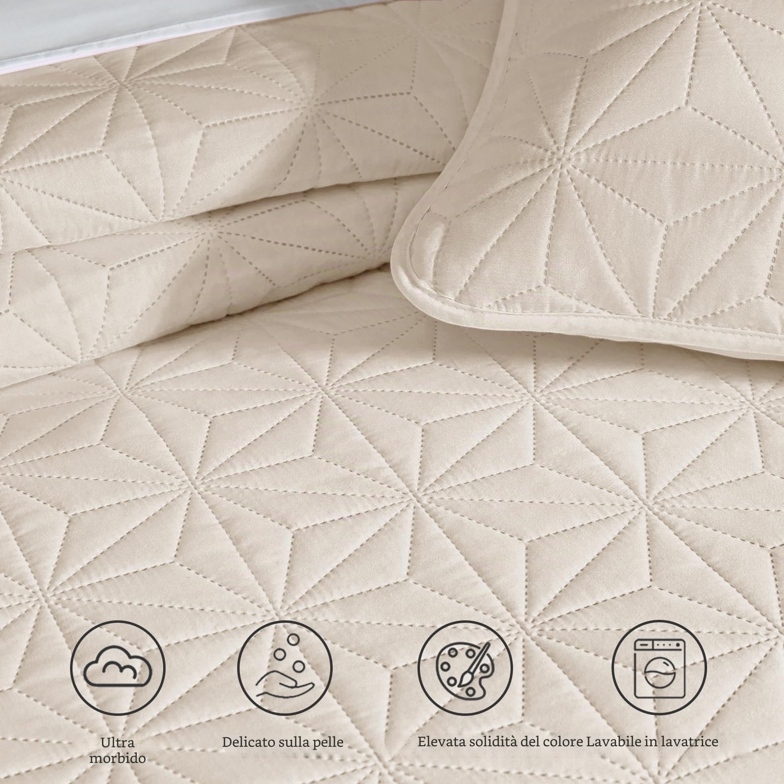 Whale Flotilla Copriletto Trapunto 260 x 280 cm con 2 Federe, Copriletto Goffrato Morbido e Leggero con Motivo Geometrico per 4 Stagioni, Beige