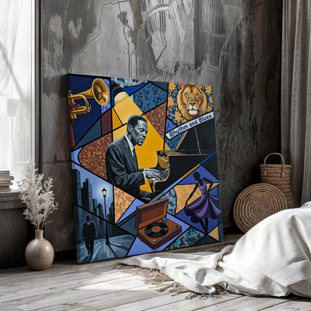 Rhythm and Blues Poster Bild Leinwand, Jazz Piano Wandbild, Zeitgenössische Kunst, Musikzimmer Musik Deko Geschenk, Bar oder Lounge Kunstdruck, Vintage Vinyl Kunst