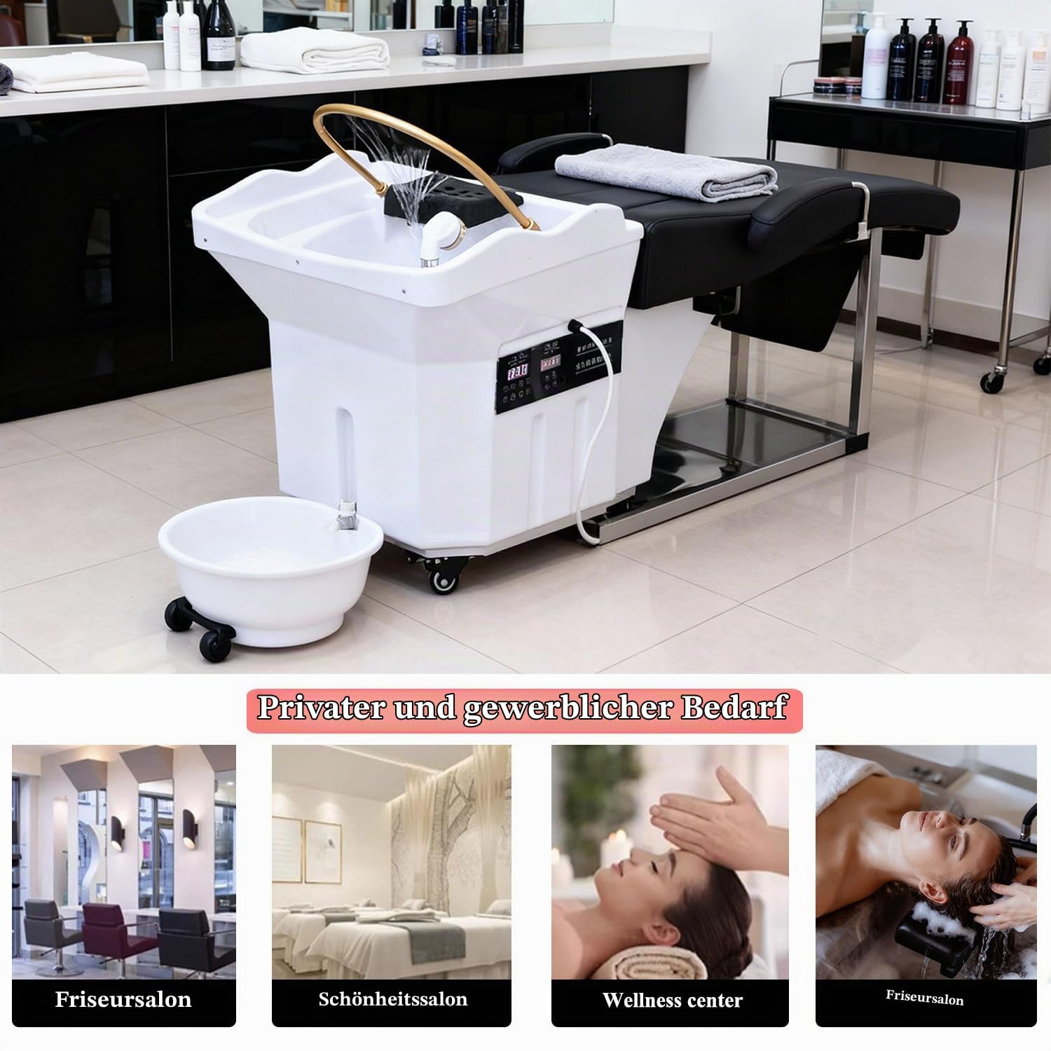 Head Spa Gerät, Haarwaschbecken für Bettlägerige mit 60L Wassertank, Mobiles Waschbecken, Friseurwaschbecken, inklusive Dampfbegaser und Dampfhaube, für Kopf Spa und Friseursalons, Weiß