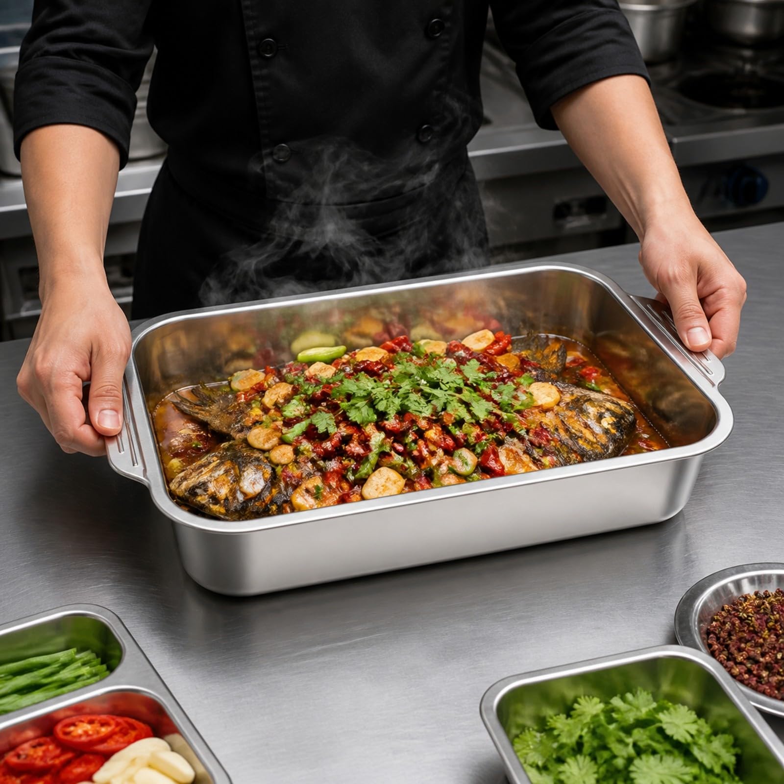 Colcolo Teglia da Base Spessa Teglia Rettangolare Profonda con Manici Resistente per Preparazione di Piatti, 50CM