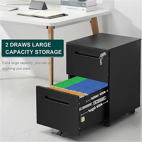 Miniatura 7 de HOMEER Archivador móvil de 2 cajones con cerradura y rueda, archivador vertical rodante debajo del escritorio, gabinete de almacenamiento de metal