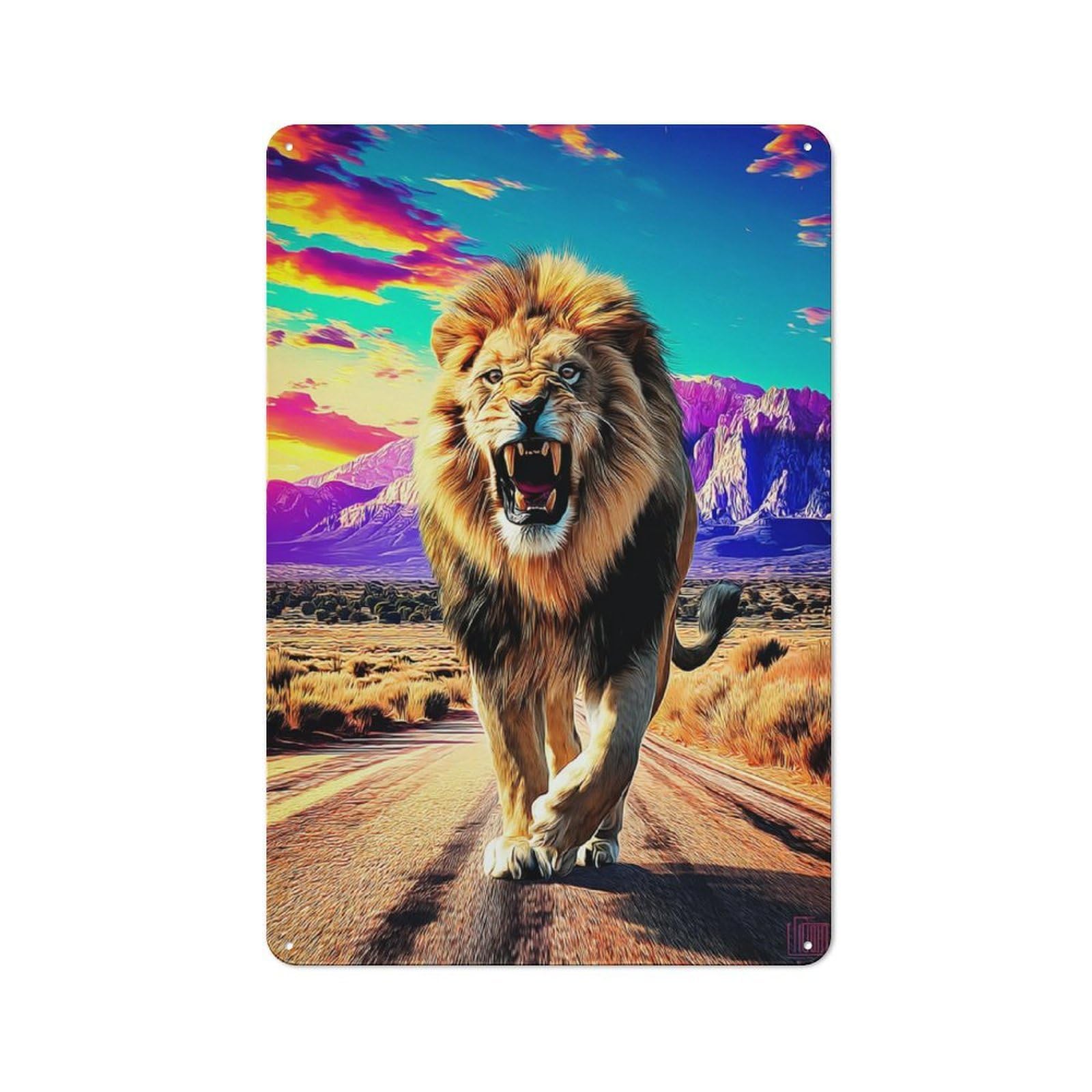 Junmoney Roaring Lion In Vibrant Landscape Cottage Metal Wall Decor 30X20cm, Shed Metal Sign For Conservatory, Home Bar Or Utility Room