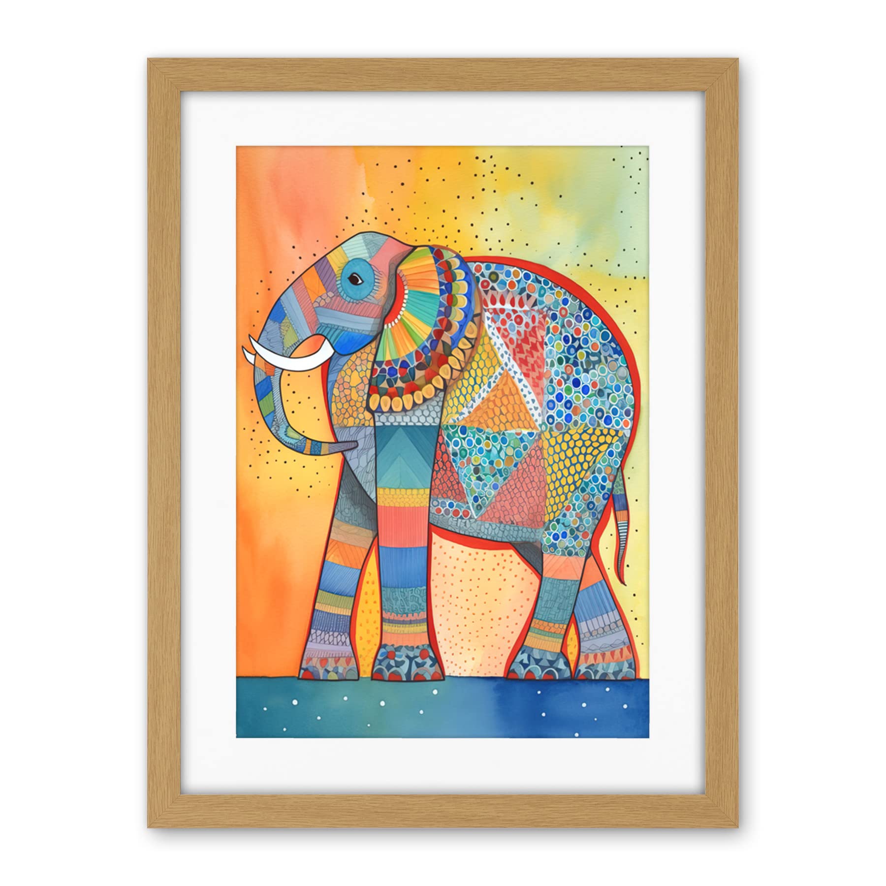Artery8 Elephant With Geometric Patterns Folk Art Watercolour Painting Artwork Framed Wall Art Print 18X24 Inch