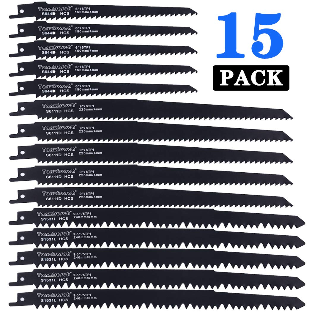 Tanzfrosch Reciprocating Saw Blades, Sawzall Saw Blade Set for Wood Pruning Cutting, Carbon Steel Metal Sabre Saws Blades 15 PCS