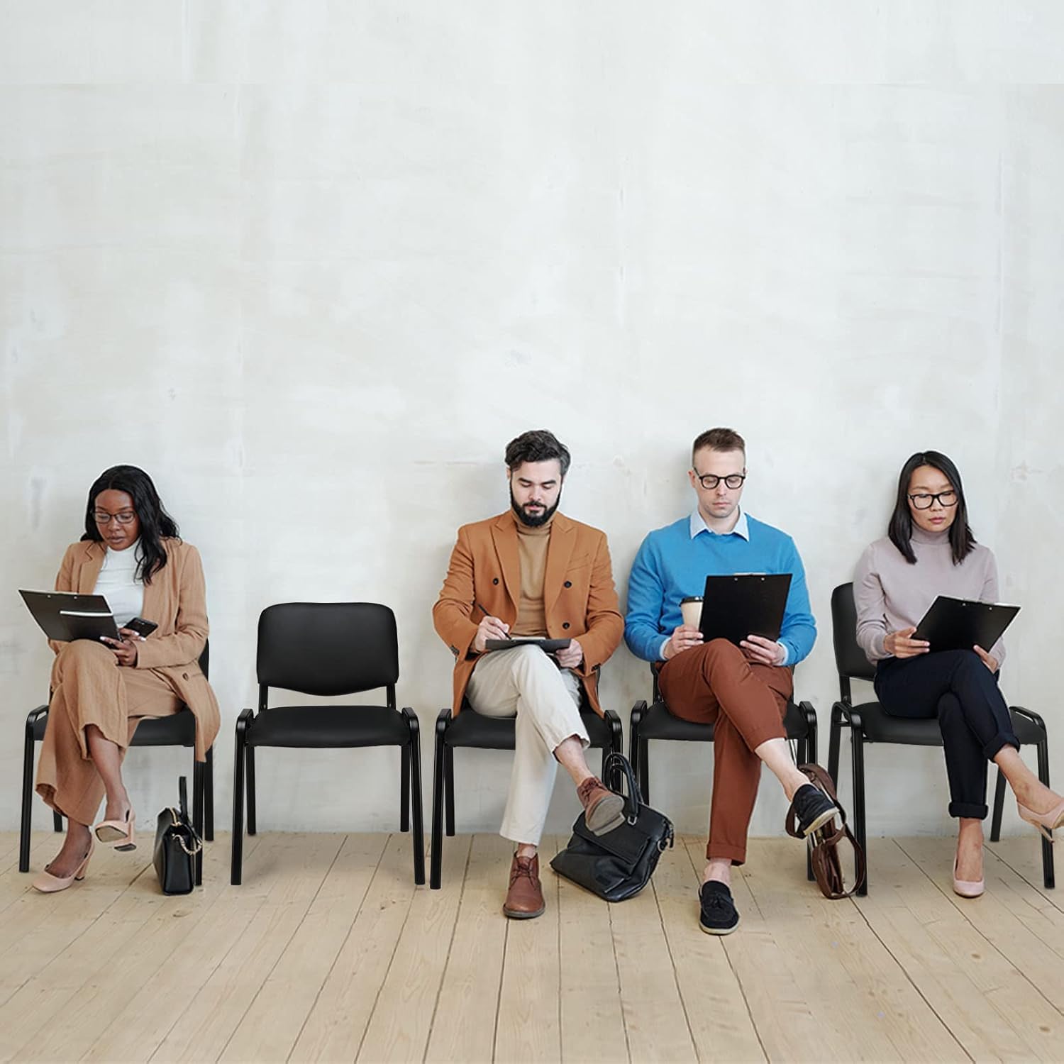 LEADZM Sedie impilabili, sedia da ufficio, senza braccioli, con seduta imbottita e schienale, per conferenze, casa, ufficio, reception, 5 pezzi, colore: nero