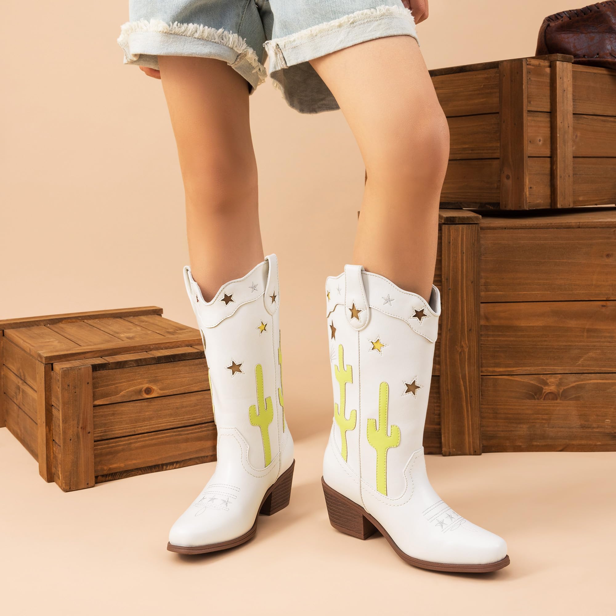 DREAM PAIRS Bottes de cowboy mi-mollet pour filles avec talon bas et bout carré pour petit enfant/grand enfant