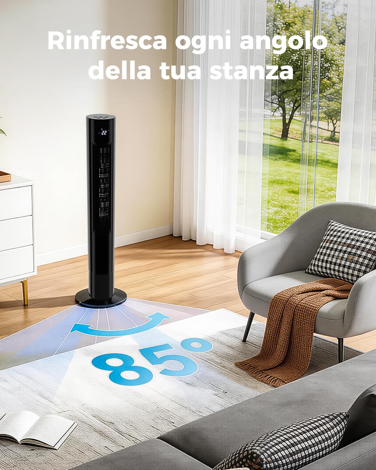 YASHE Ventilatore a torre 110 cm silenzioso con telecomando, 28 dB senza pale, oscillazione 85°, timer 12h, 3 modalità e 3 velocità, LED, per camera da letto, soggiorno e ufficio
