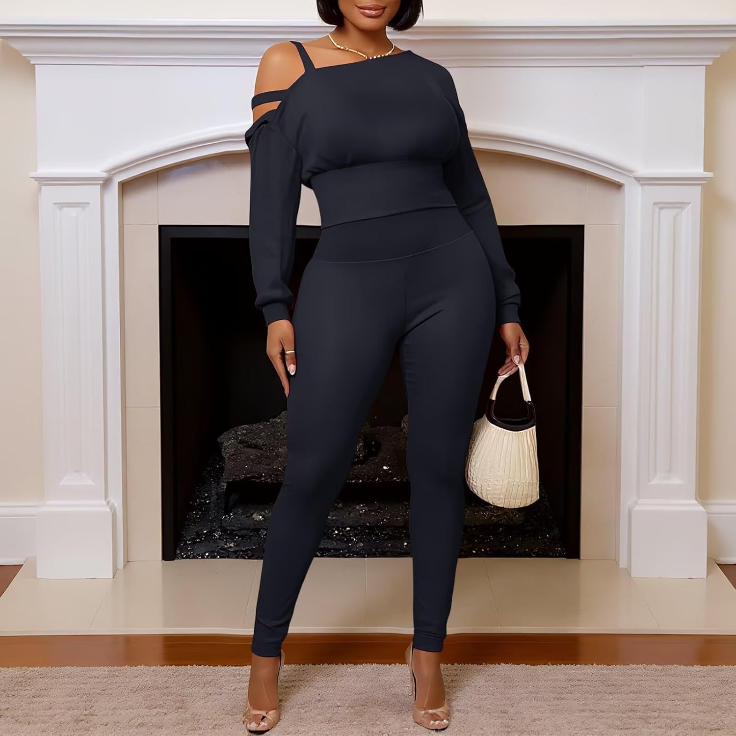 Ophestin Womens 2 Piece Sweatsuits Sexy Off The Shoulder Long Sleeve Tops Legging Pants Set Tracksuit Outfits - Image 5