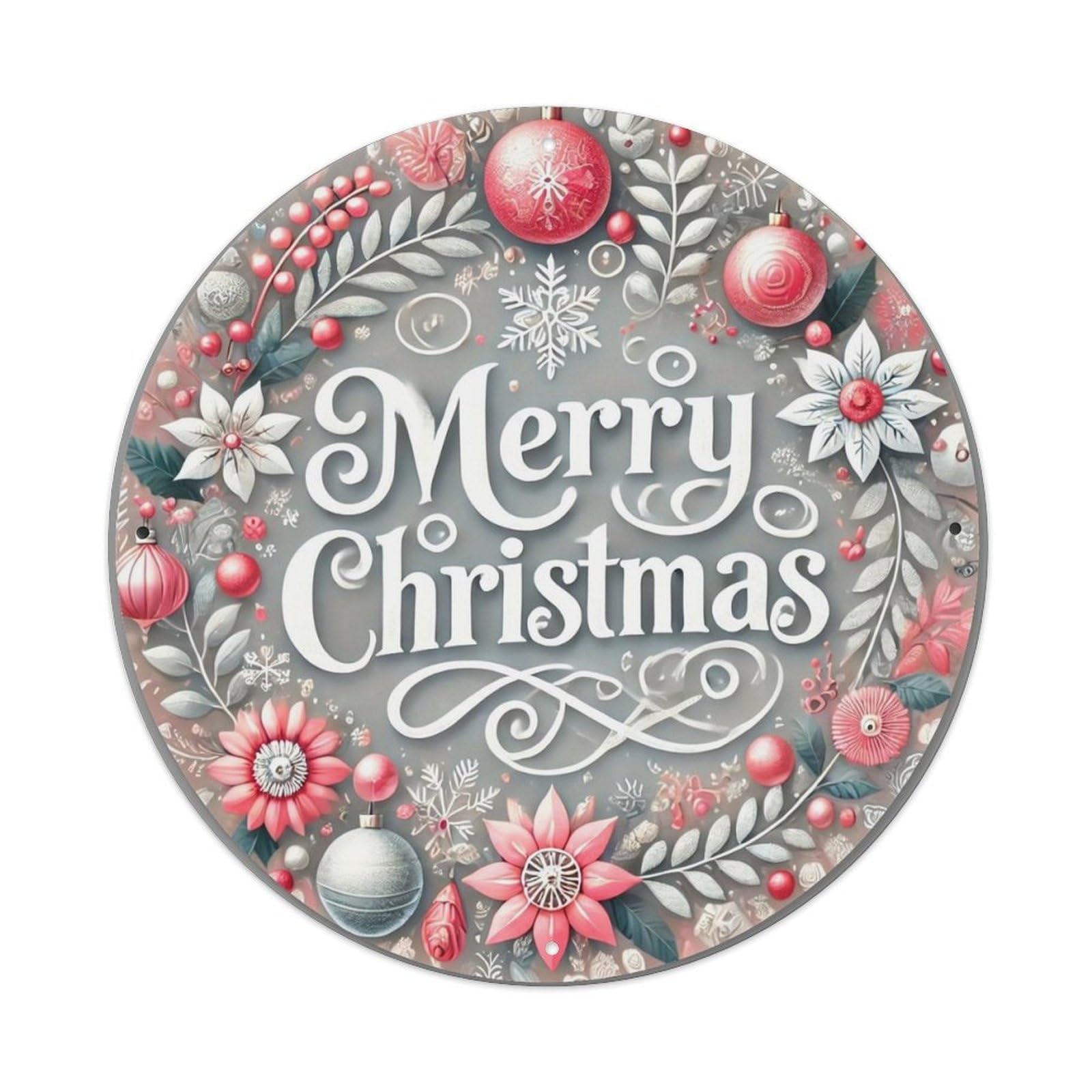 Merry Christmas Floral Ornament Design Round Metal Tin Sign Vintage Wall Decor, Bar Garage Cafe Kitchen Home Wall Art Poster 8x8inches