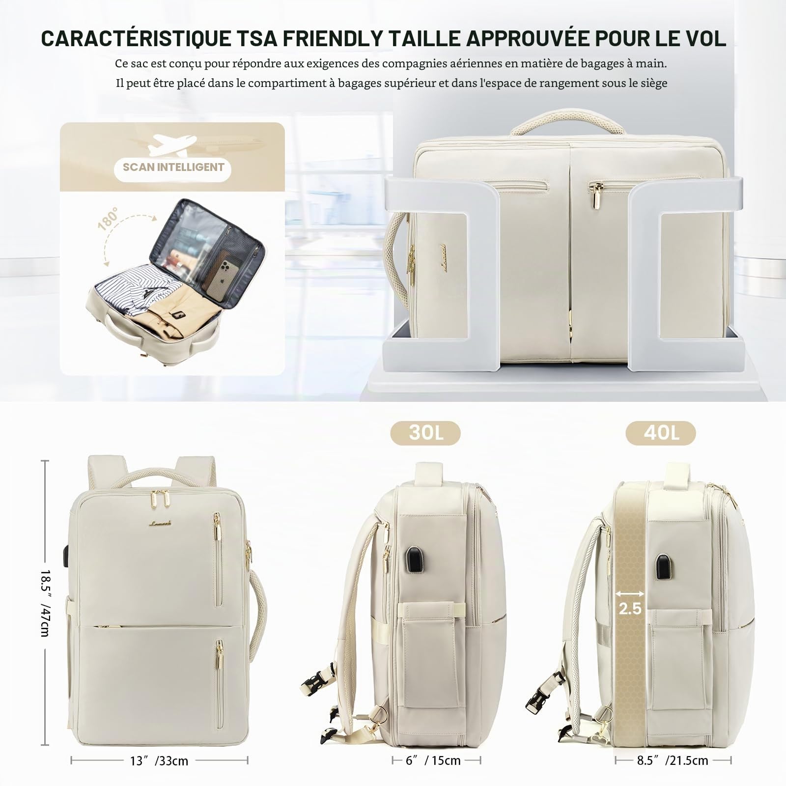 LOVEVOOK Sac à Dos Voyage Femme Homme Sac A Dos Cabine Avion extensible 25-35L Grand Sac à Dos Bagage à Main Sac à Dos Ordinateur Portable 17 Pouces Imperméable Sac Ados Beige