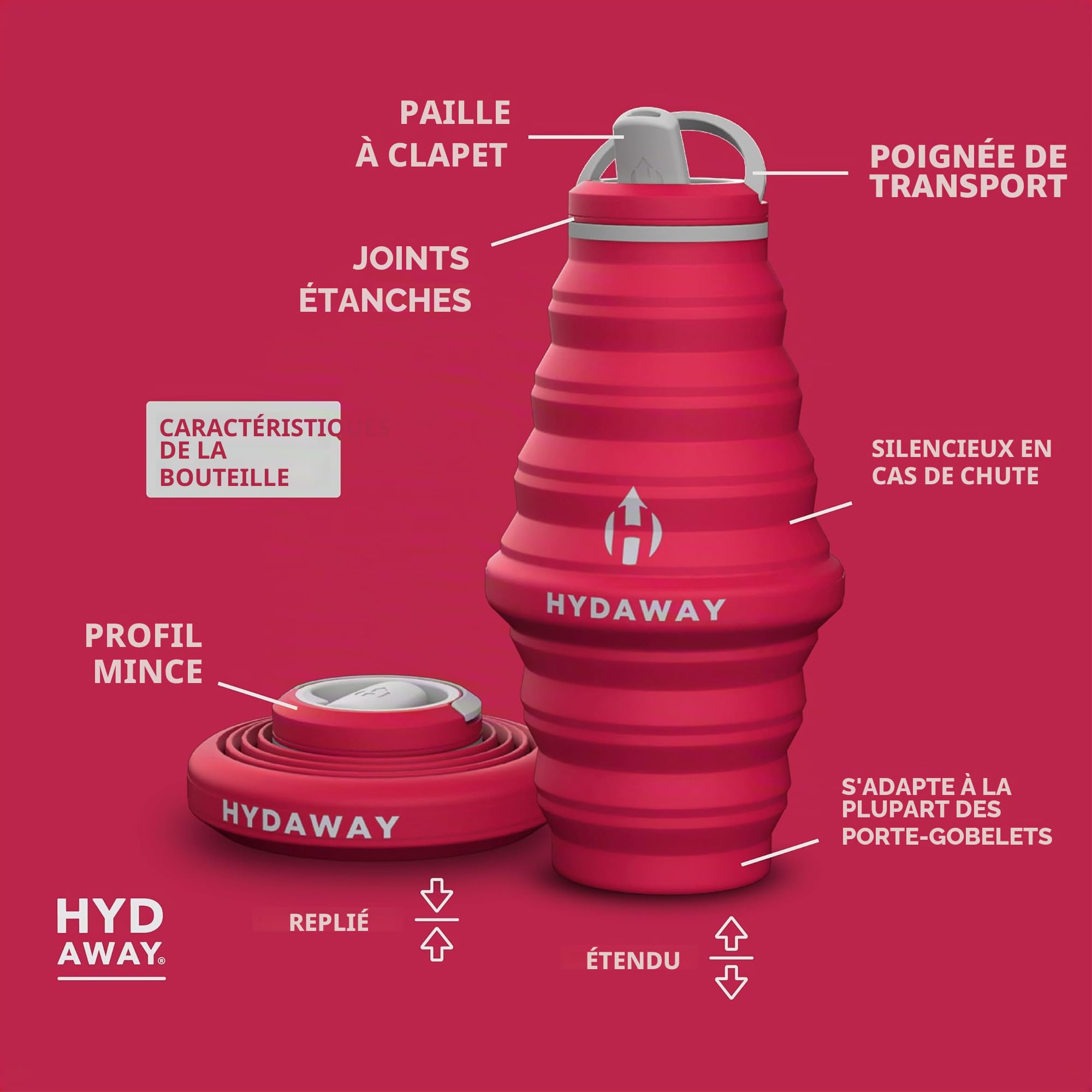 HYDAWAY - Bouteille d'eau pliable, couvercle à rabat, facile à emporter, pratique lors de vos déplacements, silicone de qualité alimentaire, 750 ml