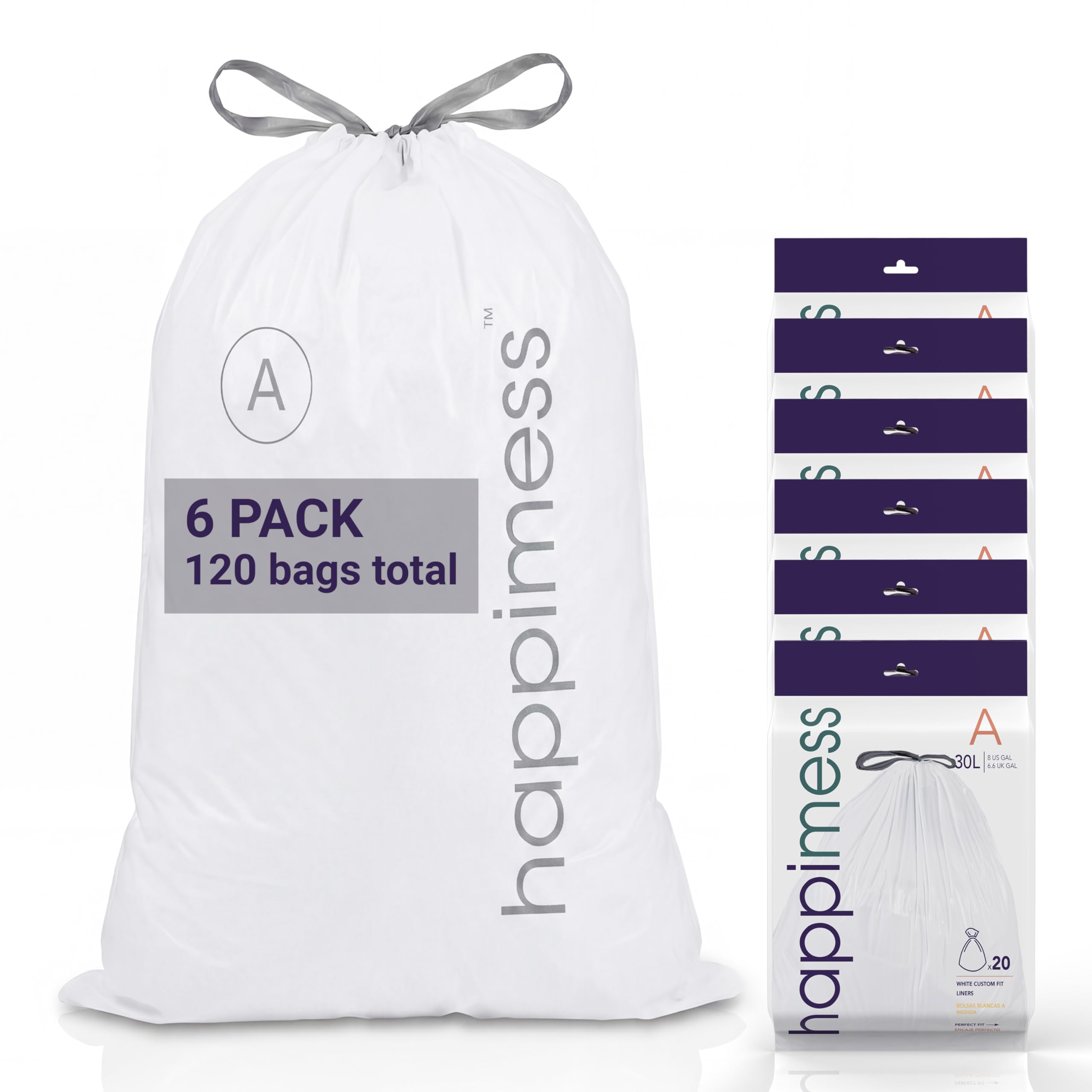 happimess White / 120 Count (Pack of 1) / 8.0 gallons Trash Bags