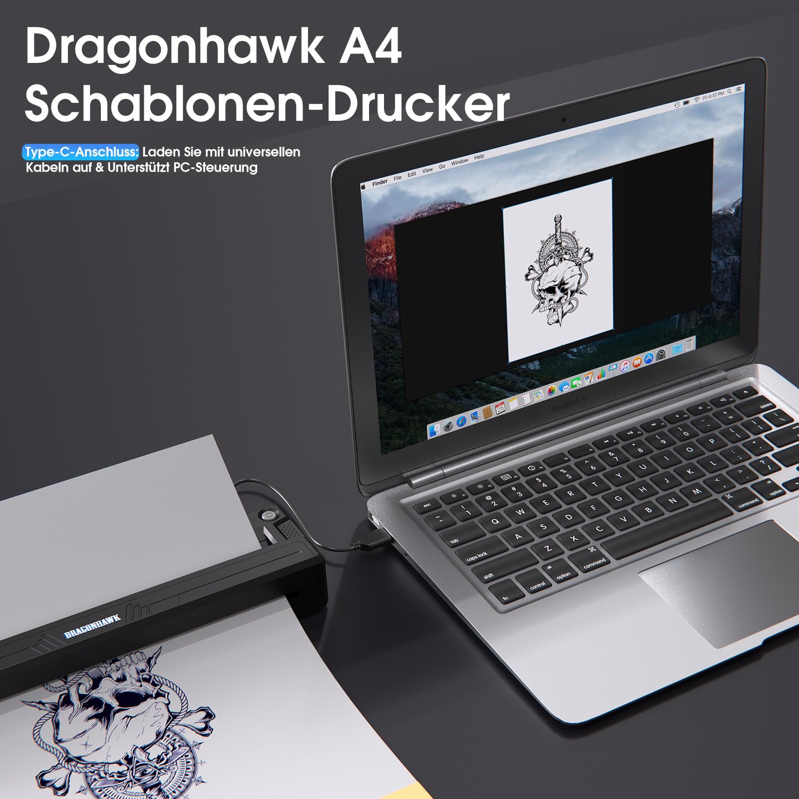 Dragonhawk Tattoo Schablonen Drucker Kabelloser Bluetooth für Smartphone & PC, tragbarer Thermodrucker, kompatibel mit Android, iOS, macOS, Windows – ideal für Anfänger & Profis