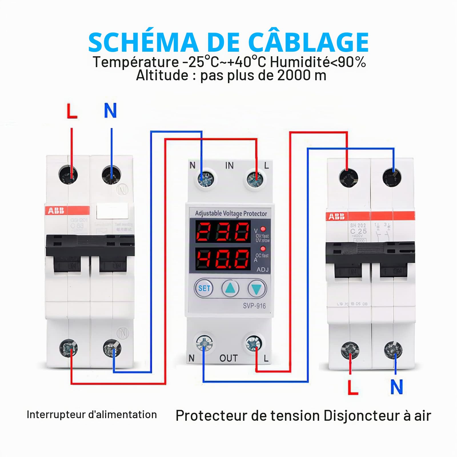 DeWin Protecteur de Courant de Tension, Protecteur de Courant de Surtension et de sous-Tension Réglable Monophasé Intelligent 40A AC 230V