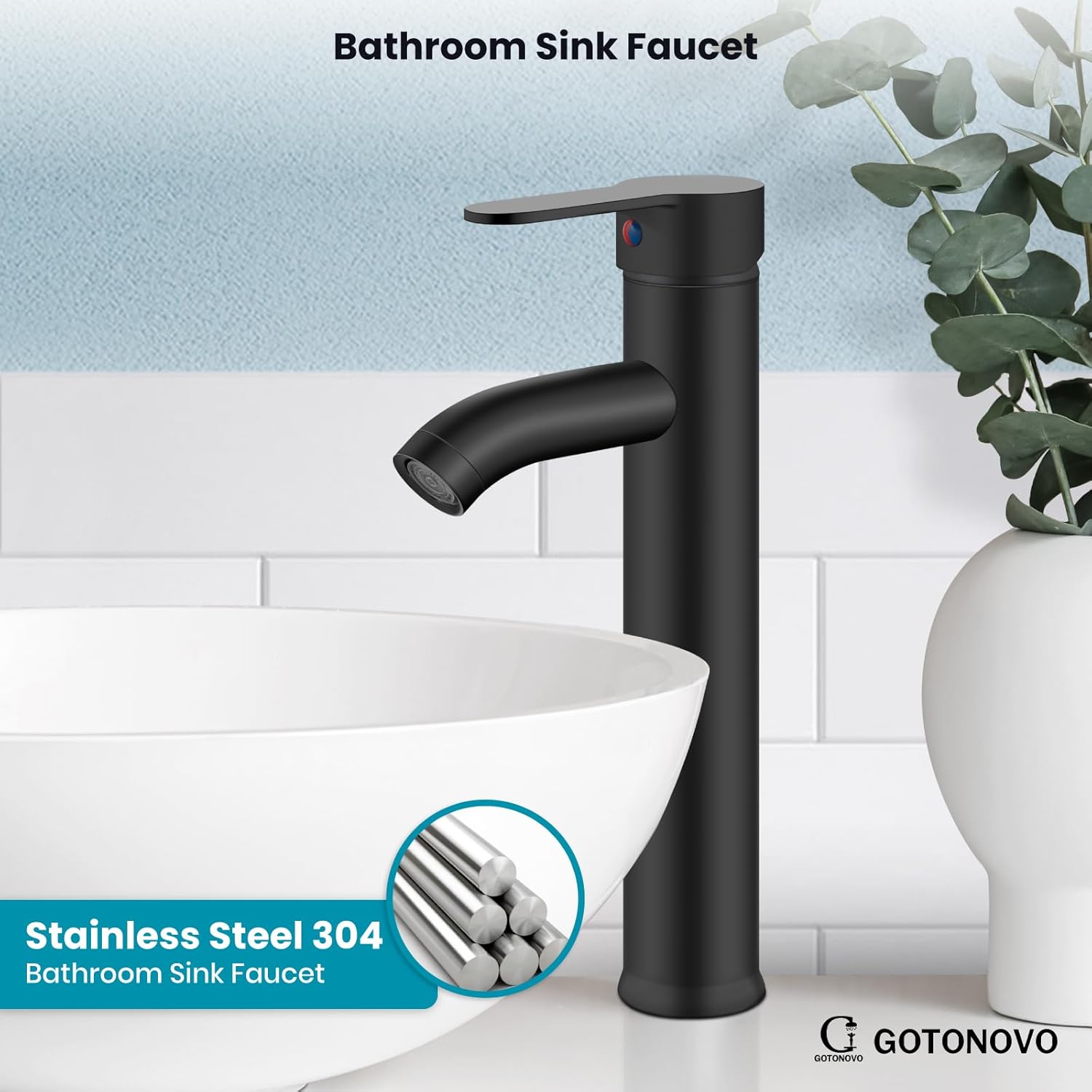 gotonovo Vessel Sink Faucet Modern Bathroom Faucet 1 Hole Deck Mount Lavatory Vanity Single Handle Mixer Tap with Water Supply Hoses and ABS Pop Up Drain Without Overflow, Matte Black - Image 2