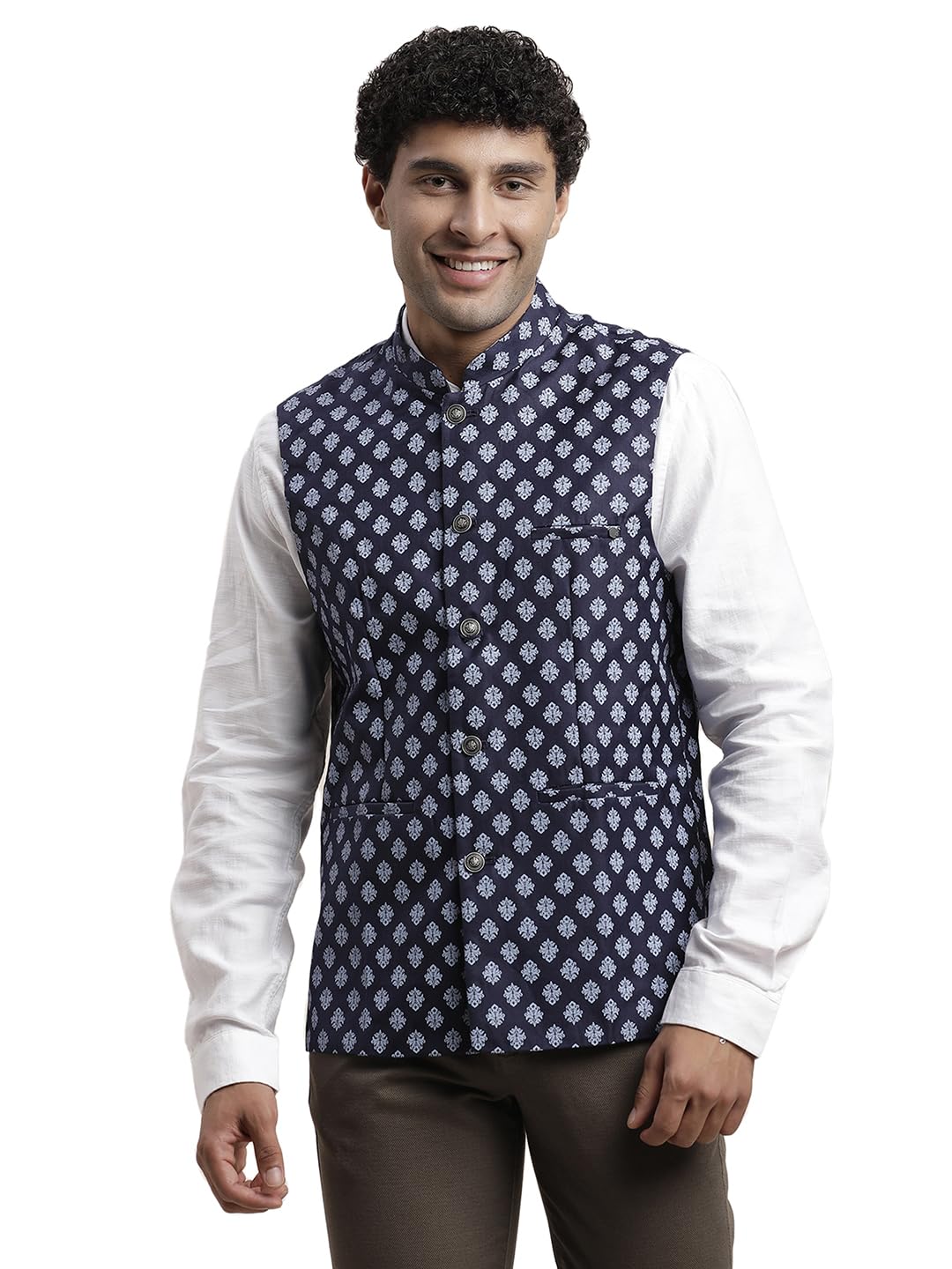 Men Poly Cotton Blue Printed Party Nehru Jacket-image-22