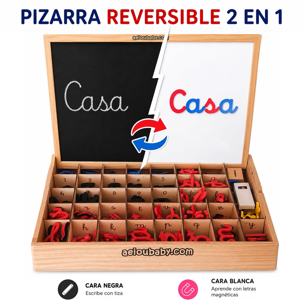 Lettere e numeri magnetici Montessori | Legato Cursive Mobile Legate. Maiuscole, minuscole e cifre in gomma EVA | Lavagna reversibile e scatola di legno | Gioco educativo Imparare a leggere e scrivere