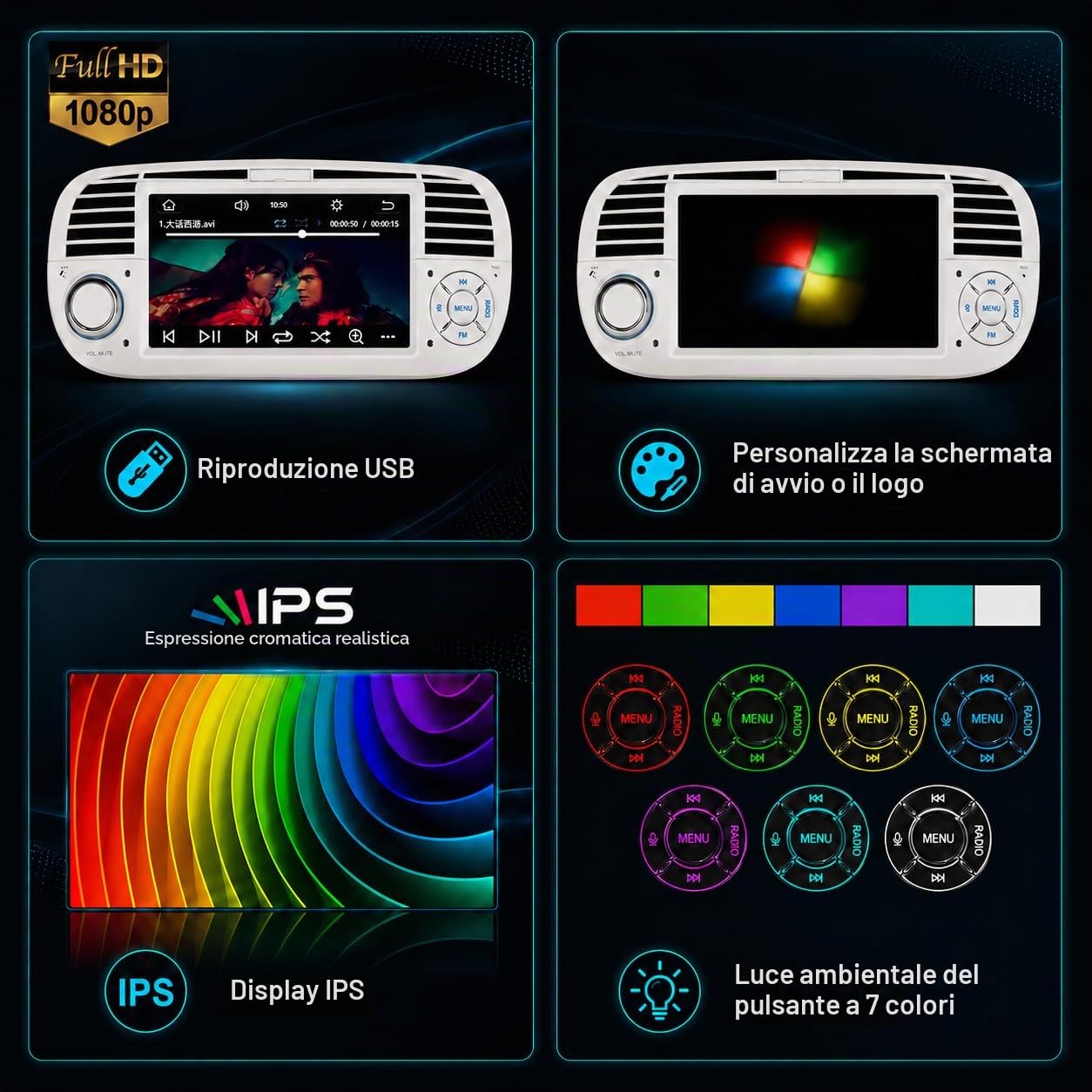 Autoradio Thihphoatli 1DIN Wireless CarPlay DSP RDS per FIAT 500 2007-2015 | Sistema Linux,avvio rapido 2s,Plug&Play,Bluetooth,CANBUS,comandi volante originali,schermo supporto telecamera posteriore