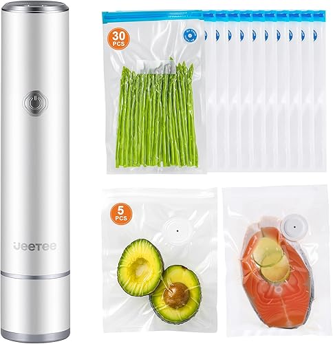 JEETEE Sellador al vacío con 35 bolsas reutilizables para alimentos frescos, compactos y hechos a mano para sellar alimentos, portátil, blanco