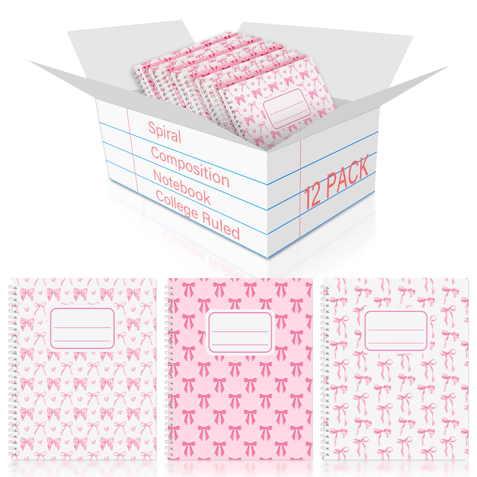 Jetec 12 Pcs Coquette Pink Bow Spiral Composition Notebook College Ruled Hard Cover Preppy Cute Composition Notebook 9-3/4 x 7-1/2 Inches Perfect Supplies for College Office 50 Sheets