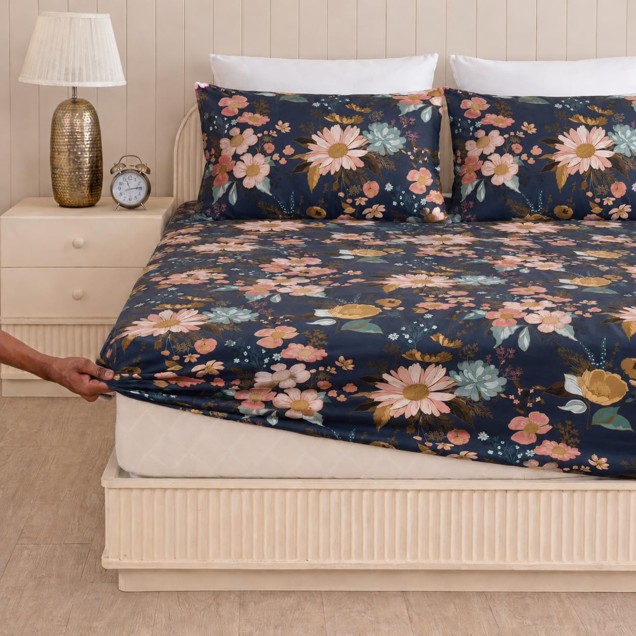 Elastic Bedsheets for King Size Bed | Starlight Floral Reverie Bed Sheet Double Bed Elastic Fitted Cotton | 360° Elastic Band, Stretchable, Deep Pockets, (72”x78” +10 Inch, Deep Navy)-image-42