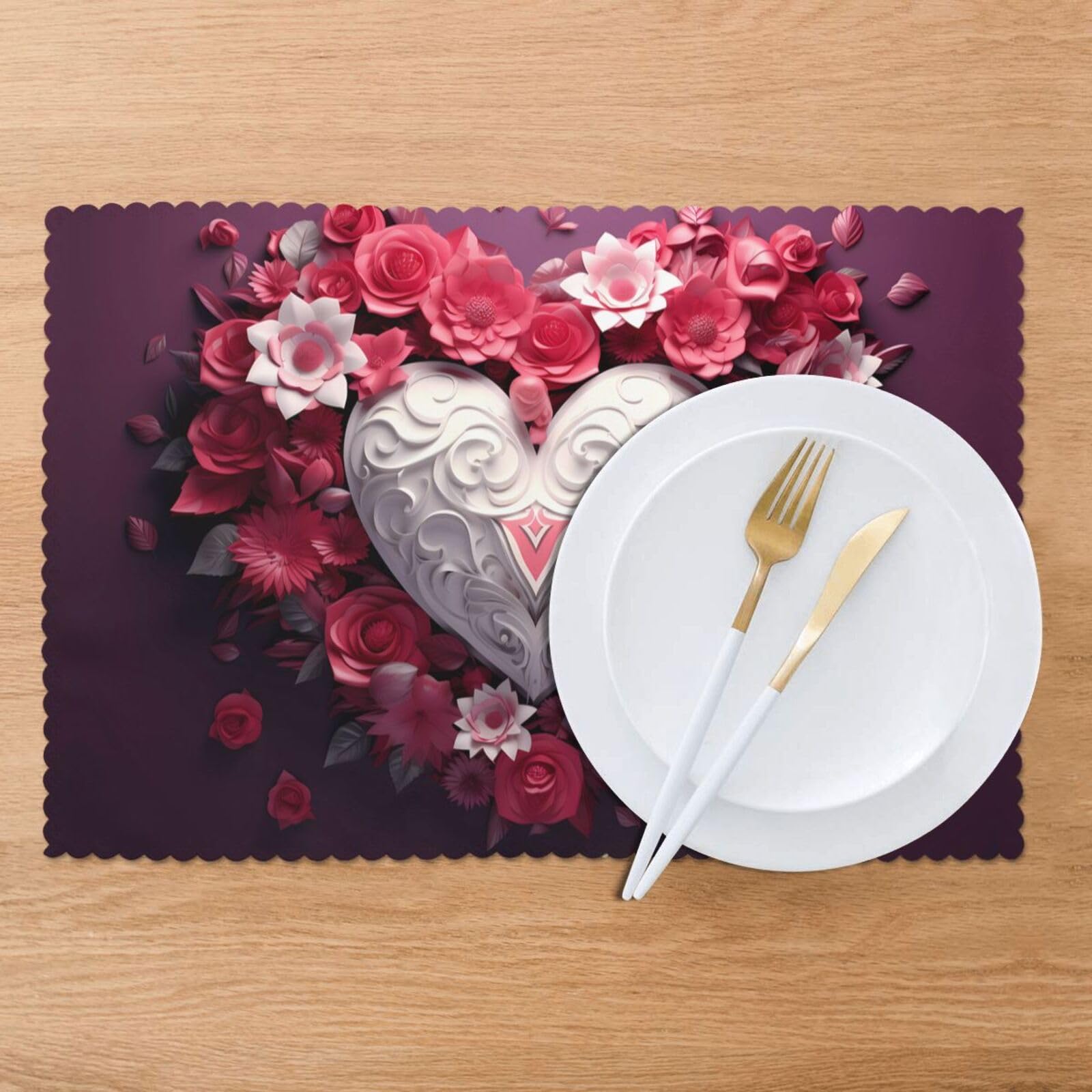 2 set di posate a forma di cuore con le ali, decorazione romantica per San Valentino, include inserto con fiore in feltro, portaposate, e fermaglio