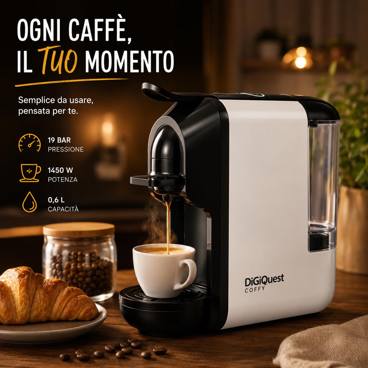DIGIQUEST Cafetera COFFY WHITE 3 en 1 compatible con Nespresso®, Dolce Gusto® y A Modo Mio® | Café corto y largo | 1450 W de potencia | 0,6 litros | 19 bar | Edición limitada