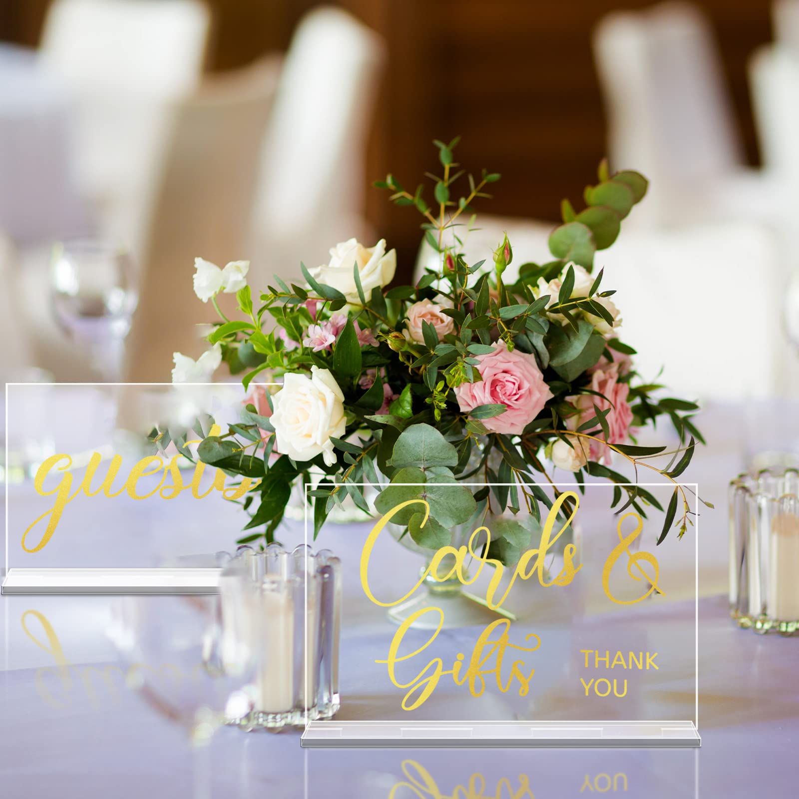 Yulejo Cartel acrílico de recepción de boda, 2 unidades, tarjetas y regalos de boda con soporte rústico para colgar en casa, cabina, playa, fiesta, decoración del hogar, 2 estilos (impresión dorada)