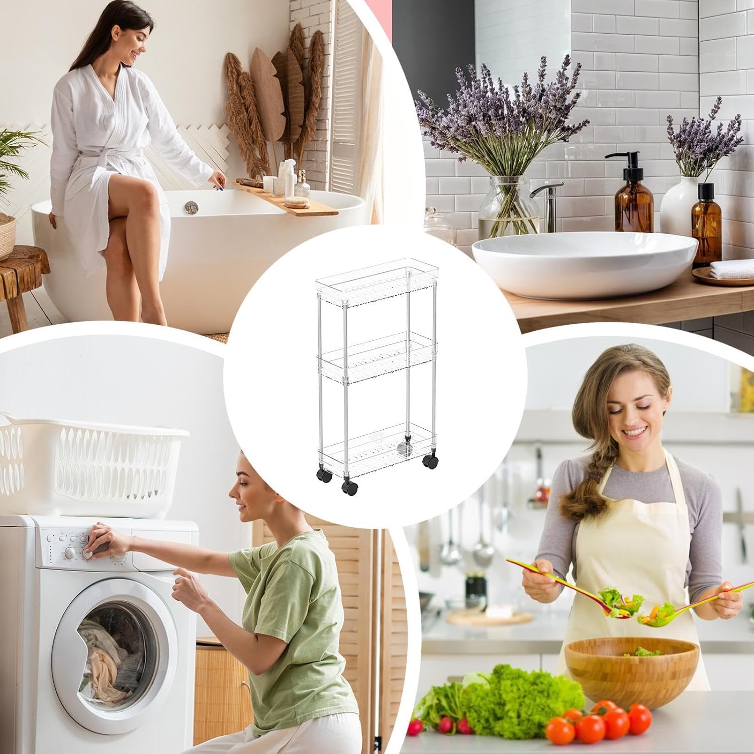 Bathroom Rolling Cart, Layered Organizer with Wheels, Multifunctional Tiered Utility Cart with Smooth-Roll Casters, Storage Solution for Bathroom, Living Room, and Kitchen